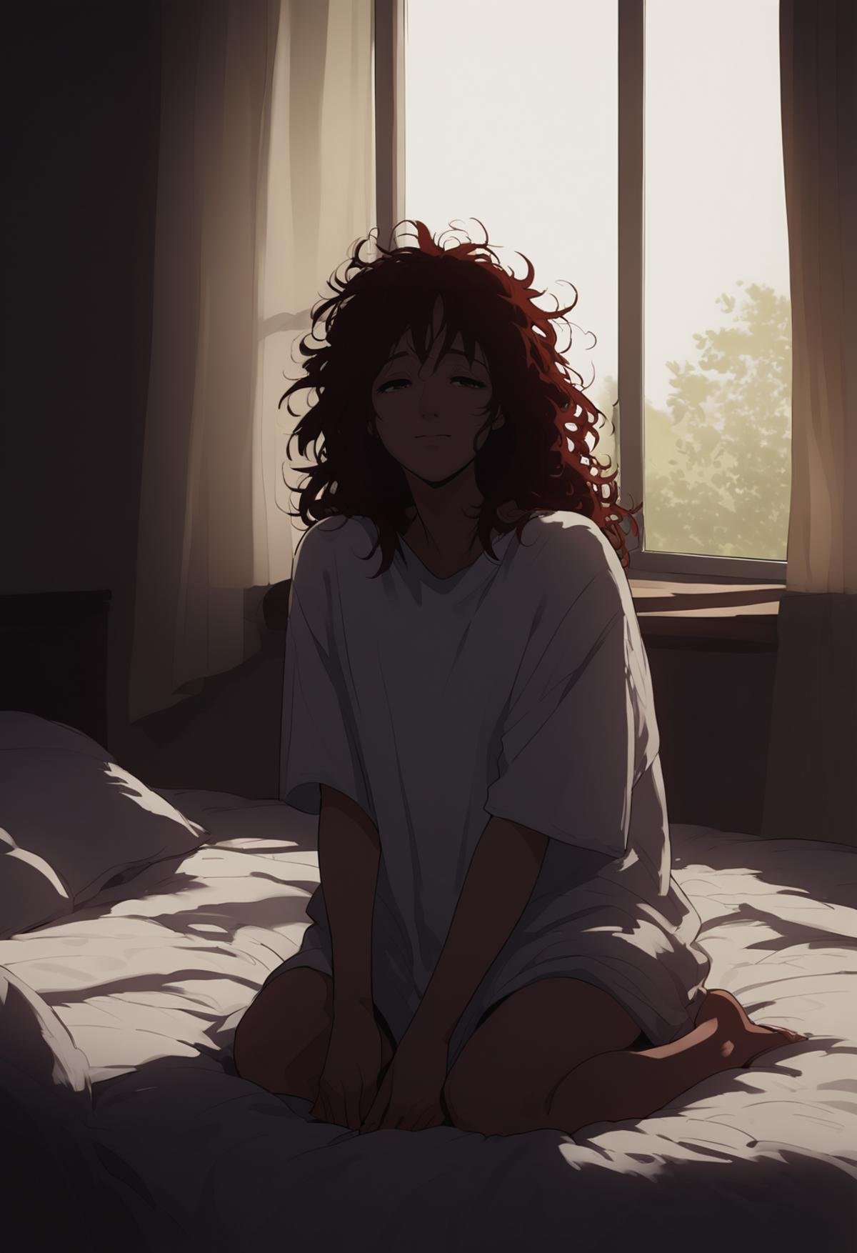 score_8_up, source_anime, beautiful, face focus, woman, messy hair, [brown hair| red hair], [brown eyes | green eyes], oversized clothes, happy, oversized white t-shirt, rubbing eyes, sitting, on bed, bedroom, kneeling, window, closed curtains, dark, day, half-closed eyes, looking ahead, <lora:DarkerThanDarkV1:0.5>  <lora:NoctFlatStyleV4:0.5>