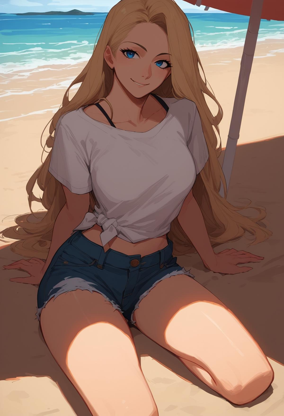 score_8_up, source_anime, adult woman, long hair, blonde hair, blue eyes, day, beach, shadow, outdoors, shirt, denim shorts, beach umbrella, breasts, looking at viewer, smile, looking at viewer, <lora:DarkerThanDarkV1:0.5>  <lora:NoctFlatStyleV4:0.5>