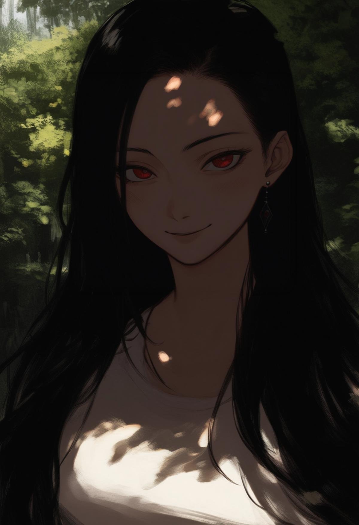 score_8_up, source_anime, woman, smile, stud earrings, long hair, black hair, red eyes, looking at viewer, seductive smile, light blush, outdoors, forest, shade, upper body, <lora:DarkerThanDarkV1:0.5> 