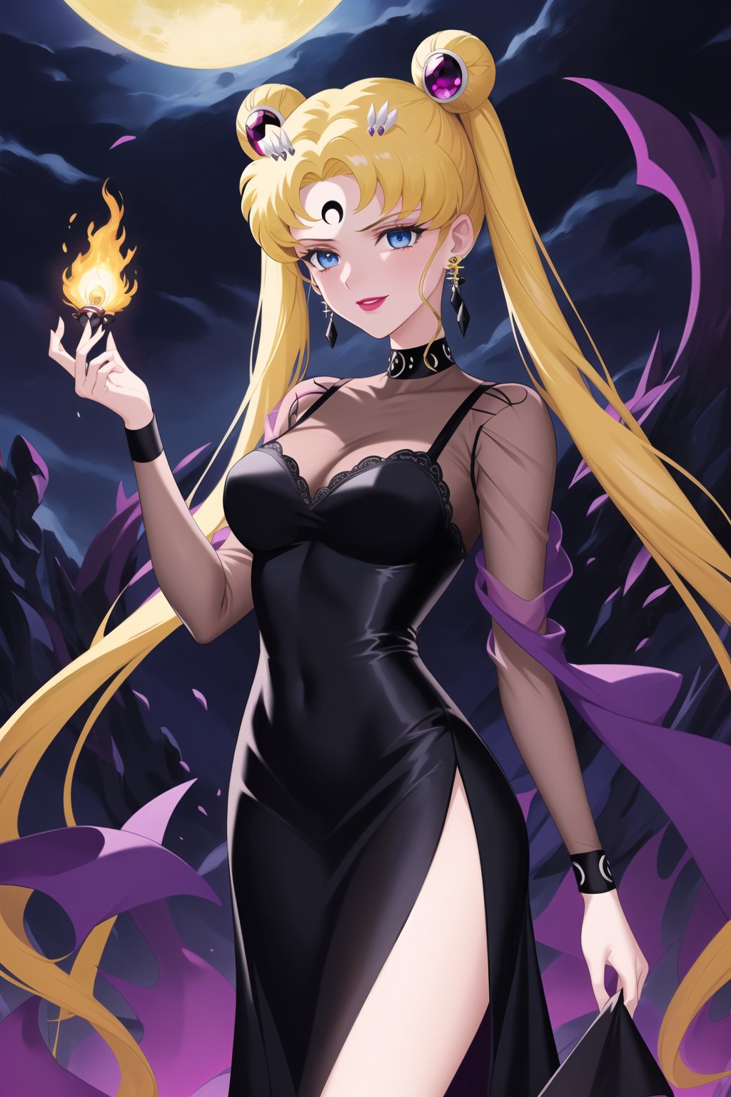 (best quality), (highly detailed), masterpiece, (official art),aausagi, double bun, twintails, parted bangs, hair ornament, blonde hair , makeup, ((black moon, forehead mark, crescent facial mark, black crystal earrings)), jewelry, aged up, evil smile, lips, lipstick, posing, anime coloring, choker, ((black dress, long sleeves, see-through)), pink dress, side slit, A dark and mysterious female character inspired by the style of classic anime. She has an evil face with an evil smile, giving her an imposing and intimidating presence. The overall atmosphere is dark and mysterious, with a sense of power and control emanating from her posture.,