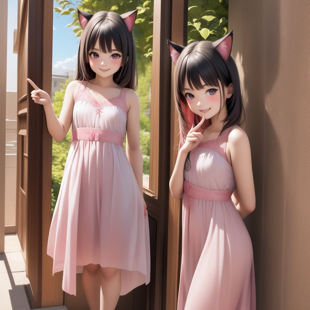 (masterpiece), (best quality), photo realistic, (extremely detailed), (1girl), solo, (pretty cute girl), looking at viewer, smile, slender, evenly sized eyes, extremely detailed eyes, full body, outdoors, extremely detailed wallpaper, (completely detailed features), 16k, pink eyes, pink hair, cat girl, black animal ears, black tail, looking at viewer, smile, peace sign, pink kawaii room, heart item, red ribbon, pink and white dress, standing, indoors, fluffy