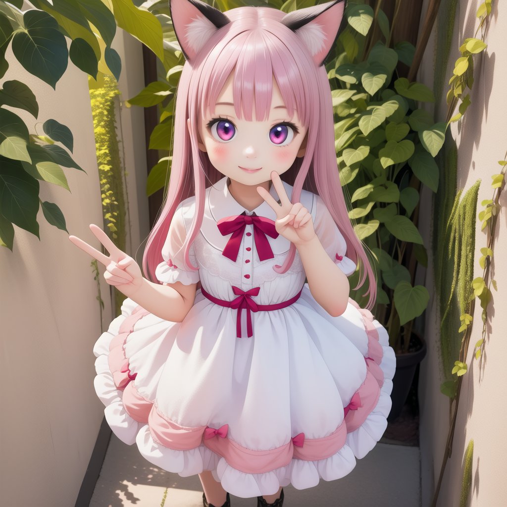 (masterpiece), (best quality), photo realistic, (extremely detailed), (1girl), solo, (pretty cute girl), looking at viewer, smile, slender, evenly sized eyes, extremely detailed eyes, full body, outdoors, extremely detailed wallpaper, (completely detailed features), 16k, pink eyes, pink hair, cat girl, black animal ears, black tail, looking at viewer, smile, peace sign, pink kawaii room, heart item, red ribbon, pink and white dress, standing, indoors, fluffy