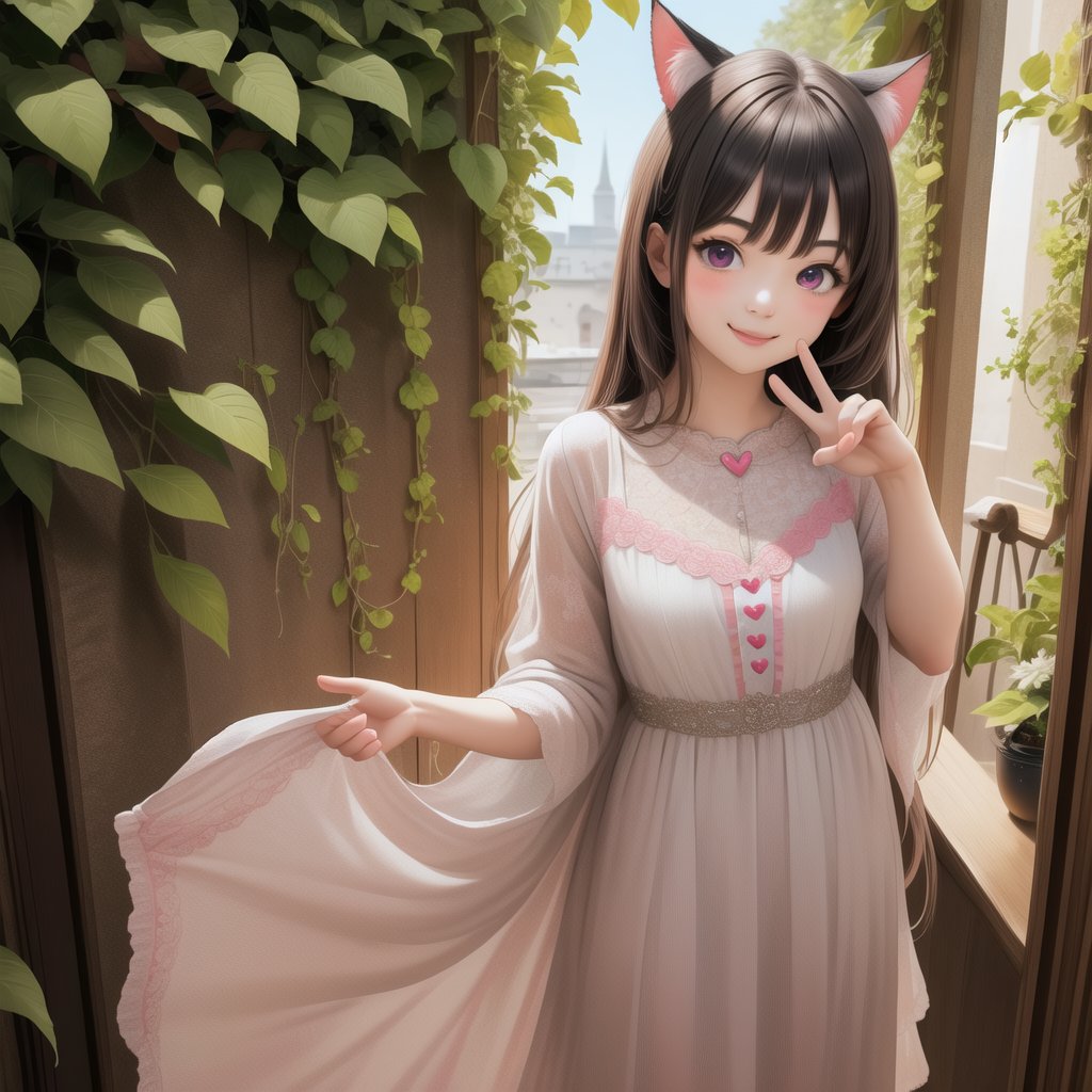 (masterpiece), (best quality), photo realistic, (extremely detailed), (1girl), solo, (pretty cute girl), looking at viewer, smile, slender, evenly sized eyes, extremely detailed eyes, full body, outdoors, extremely detailed wallpaper, (completely detailed features), 16k, pink eyes, pink hair, cat girl, black animal ears, black tail, looking at viewer, smile, peace sign, pink kawaii room, heart item, red ribbon, pink and white dress, standing, indoors, fluffy