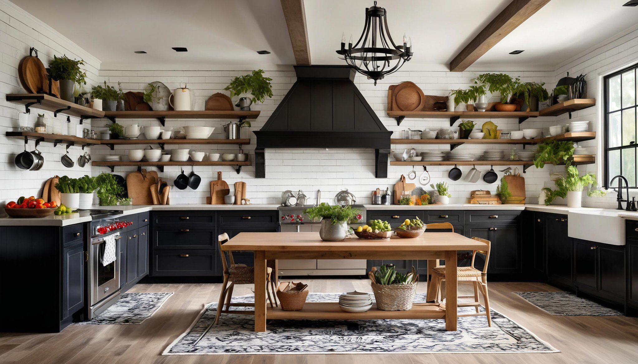 A relaxing beautiful kitchen, well furnished, farmhouse wall decor, cabinets, stainless appliances, black trim. decorations, modern farmhouse style, (analog photography, highest quality, RAW, hyperrealism, trending on ArtStation, trending on CGSociety), saturated colors:1.0