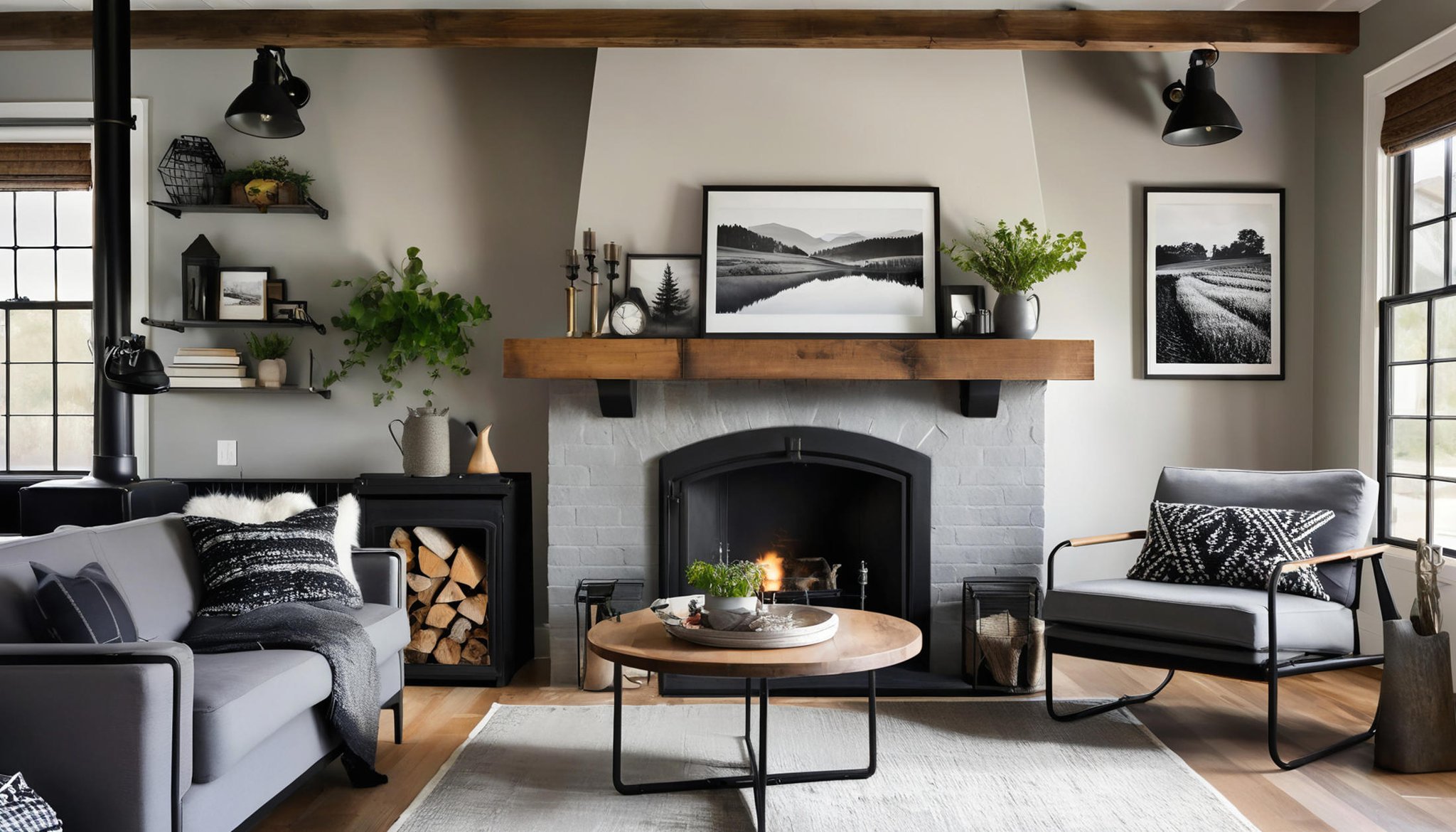 A relaxing beautiful  living room, well furnished, farmhouse wall decor, grey tweed couch, industrial fireplace, black trim. decorations, modern farmhouse style, (analog photography, highest quality, RAW, hyperrealism, trending on ArtStation, trending on CGSociety), saturated colors:1.0