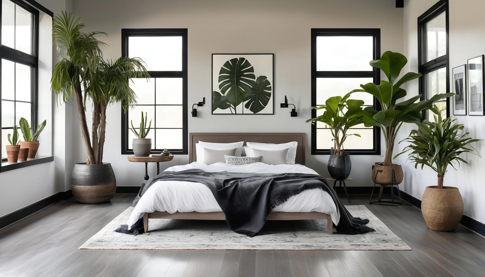 A relaxing beautiful  bedroom, well furnished, grey sheets, white walls, grey colored wood flooring, windows with black frames, exotic plant in a glass vase center piece, farmhouse wall decorations, modern farmhouse style, (analog photography, highest quality, RAW, hyperrealism, trending on ArtStation, trending on CGSociety), saturated colors:1.0