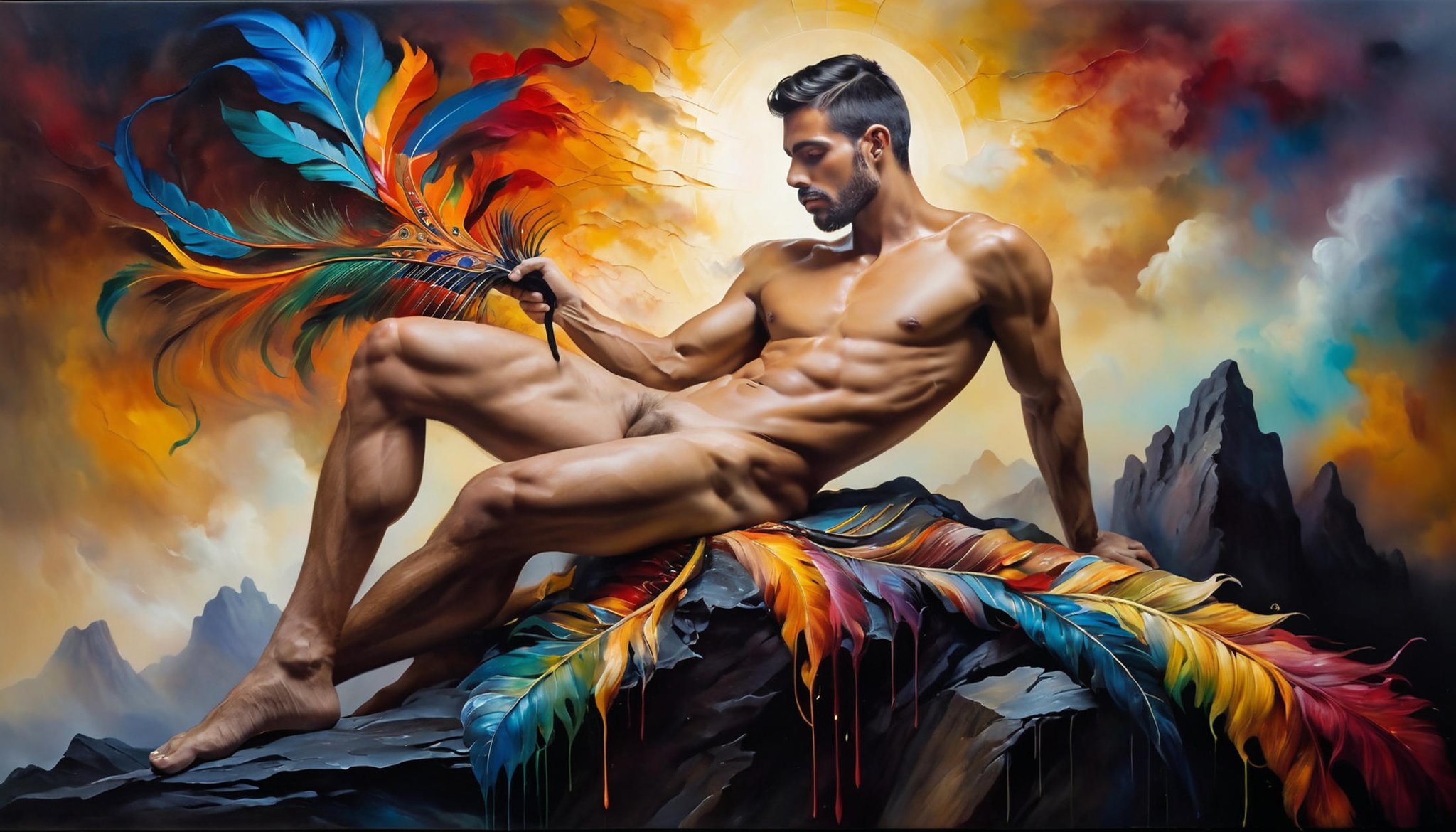 (most amazing oil painting in the world), (multicolor brush strokes, ethereal concepts), otherworldly, dark, mysterious, (intricate details), exotic elements, intricate colors adorning a majestic nude male figure, mysterious,