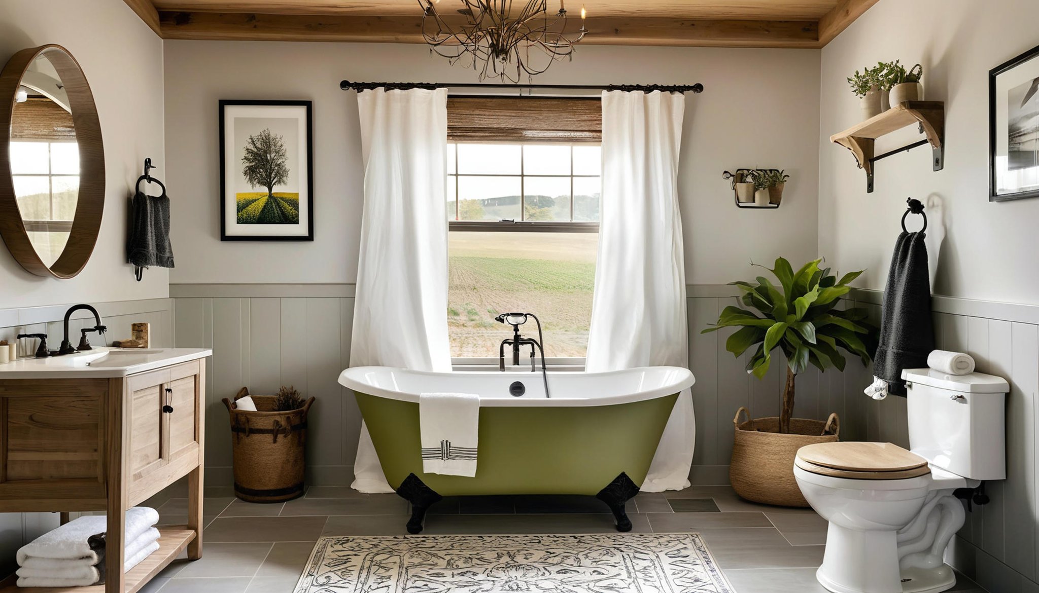 A relaxing beautiful  bathroom, well furnished, farmhouse wall, a single glass shower, toilet, and tub. decorations, modern farmhouse style, (analog photography, highest quality, RAW, hyperrealism, trending on ArtStation, trending on CGSociety), saturated colors:1.0