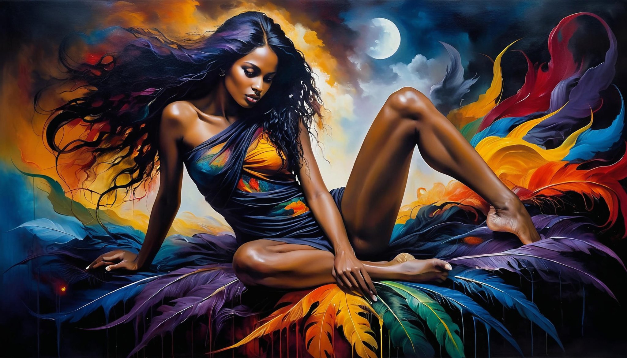 (most amazing oil painting in the world), (multicolor brush strokes, ethereal concepts), otherworldly, dark, mysterious, (intricate details), exotic elements, intricate colors adorning a dark female figure, mysterious,