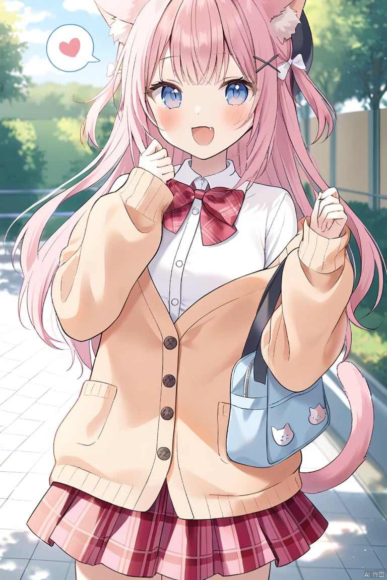 1girl, solo, long hair, looking at viewer, blush, smile, open mouth, bangs, blue eyes, skirt, shirt, hair ornament, long sleeves, hat, bow, animal ears, very long hair, school uniform, tail, white shirt, pink hair, :d, hair bow, heart, pleated skirt, outdoors, day, fang, puffy sleeves, collared shirt, cat ears, hand up, off shoulder, red bow, two side up, cat tail, animal ear fluff, sleeves past wrists, plaid, black headwear, beret, plaid skirt, cardigan, white bow, x hair ornament, cat girl, spoken heart, puffy long sleeves, pink skirt, brown cardigan