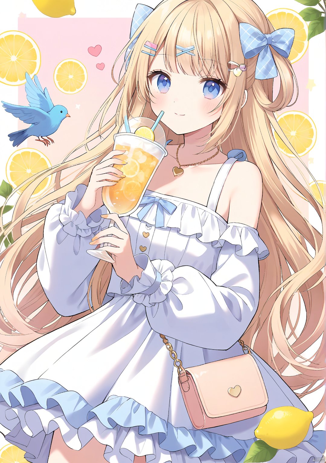 1girl, solo, long hair, looking at viewer, smile, bangs, blue eyes, blonde hair, hair ornament, long sleeves, dress, bow, holding, bare shoulders, jewelry, very long hair, closed mouth, jacket, hair bow, heart, frills, food, hairclip, puffy sleeves, necklace, off shoulder, bag, star \(symbol\), white dress, cup, fruit, bird, holding cup, yellow bow, puffy long sleeves, drinking straw, handbag, shoulder bag, lemon