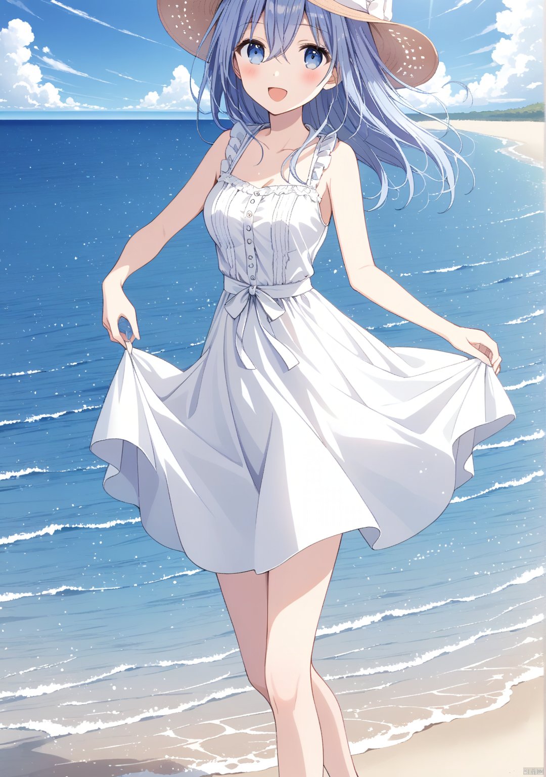 1girl, solo, long hair, breasts, looking at viewer, blush, smile, open mouth, bangs, blue eyes, hat, dress, hair between eyes, bare shoulders, medium breasts, blue hair, standing, full body, :d, grey hair, outdoors, sky, barefoot, sleeveless, day, cloud, water, white dress, blue sky, bare arms, sleeveless dress, ocean, beach, white bow, hat bow, walking, sun hat, skirt hold, brown headwear, straw hat, horizon, sundress,[Takamiya Mio]