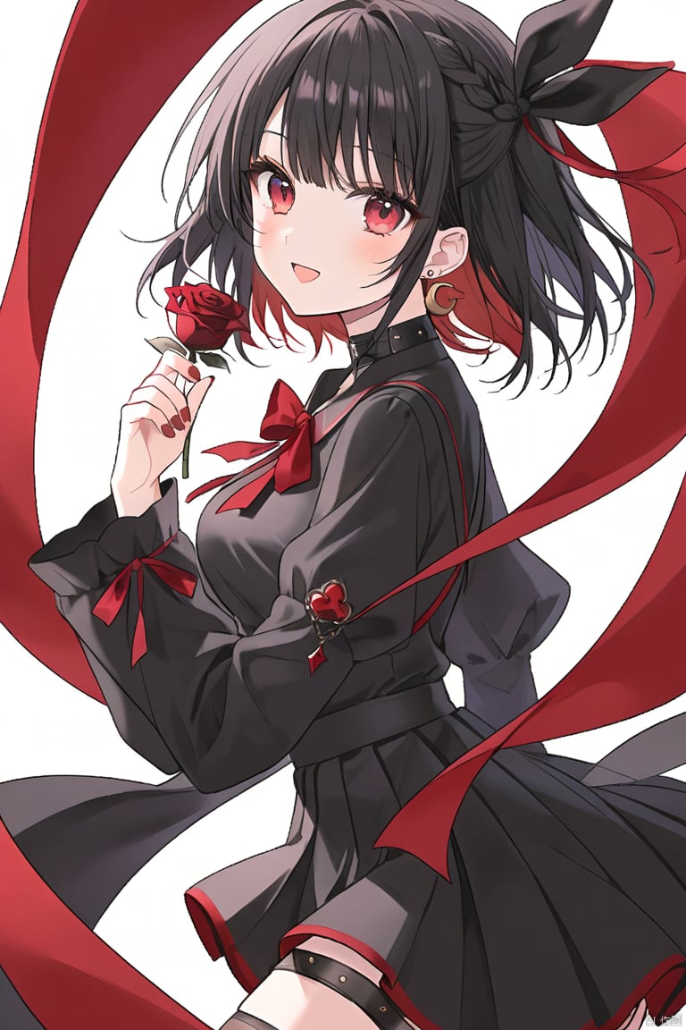 1girl, solo, breasts, looking at viewer, smile, short hair, bangs, skirt, simple background, shirt, black hair, red eyes, thighhighs, long sleeves, white background, ribbon, holding, jewelry, medium breasts, hair ribbon, braid, flower, cowboy shot, pleated skirt, earrings, black thighhighs, black skirt, nail polish, from side, red ribbon, black shirt, thigh strap, rose, crescent, red nails, holding flower, black flower, crescent earrings, black rose