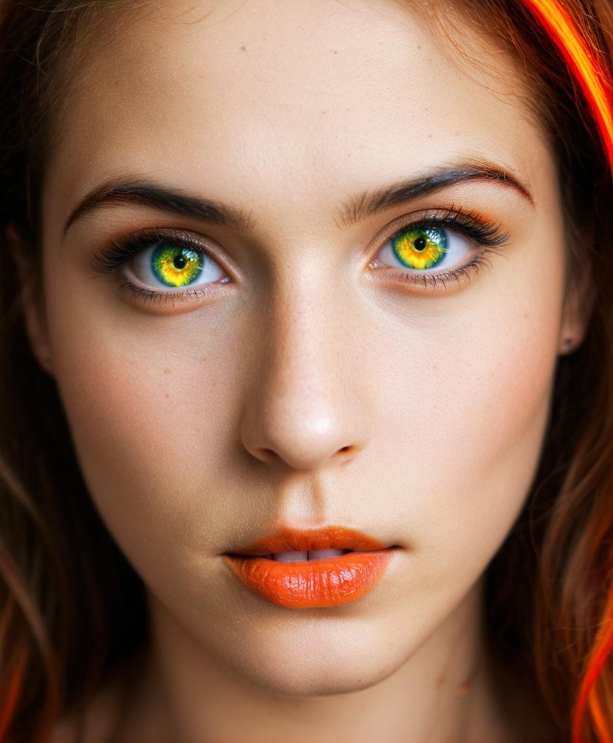 The image is a close-up of a female face, focusing intensely on the intricate details of the iris. The iris displays a vibrant array of colors, blending from deep blue on the outer edge to bright green and yellow, with a central ring of fiery orange and red around the pupil. The eye is framed by dark eyelashes and a well-defined eyebrow. The skin surrounding the eye is smooth, with a slight shimmer, indicating well-lit, high-definition photography. The overall effect is striking and captivating, highlighting the complexity and beauty of the eye’s structure and coloration. The reflection of light on the eye’s surface adds depth and realism to the image, making the colors of the iris stand out even more vividly.