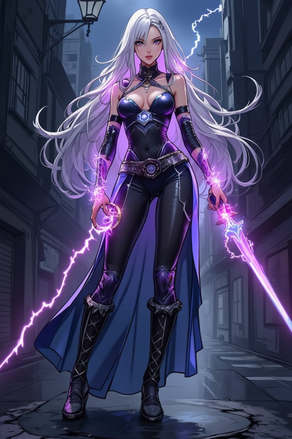 a beautiful girl standing. She uses the magic ring and turns into a beautiful lightning magic \(ek_ge1tng\) warrior \(detailed exquisite face\),ek_game_3ffect,dynamic sexy pose,lightning elemental effects,lightning weapon,dark city street,black and violet clothes,ek_art_b00ster,ink style