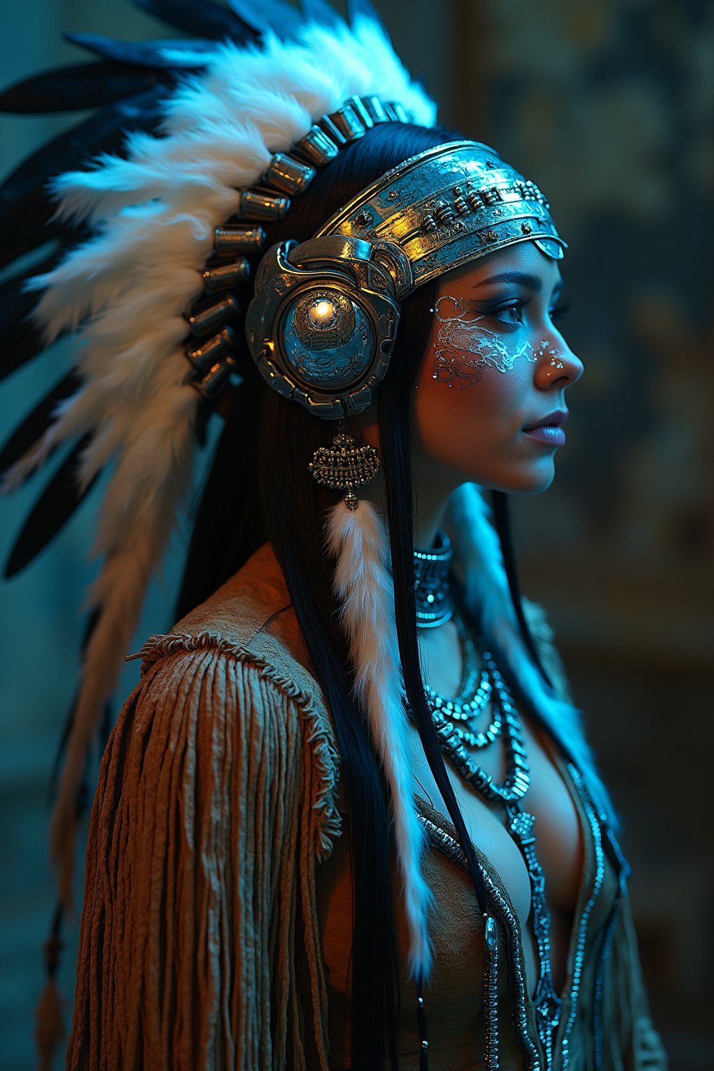 Beautiful woman, in cyberpunk-inspired traditional Native American costume, ornate headdress with mechanized steel eagle wings, integrated LED lights, and holographic projection,A fringed leather dress with smooth metallic panels and circuitry, Turquoise and silver jewelry is reinterpreted with sparkling neon accents. A high-tech boot meets moccasin with an interactive display,Intricate beadwork patterns have been replaced with flowing lines of light,Face paint designs created using bioluminescent nanopigments,ek_art_b00ster