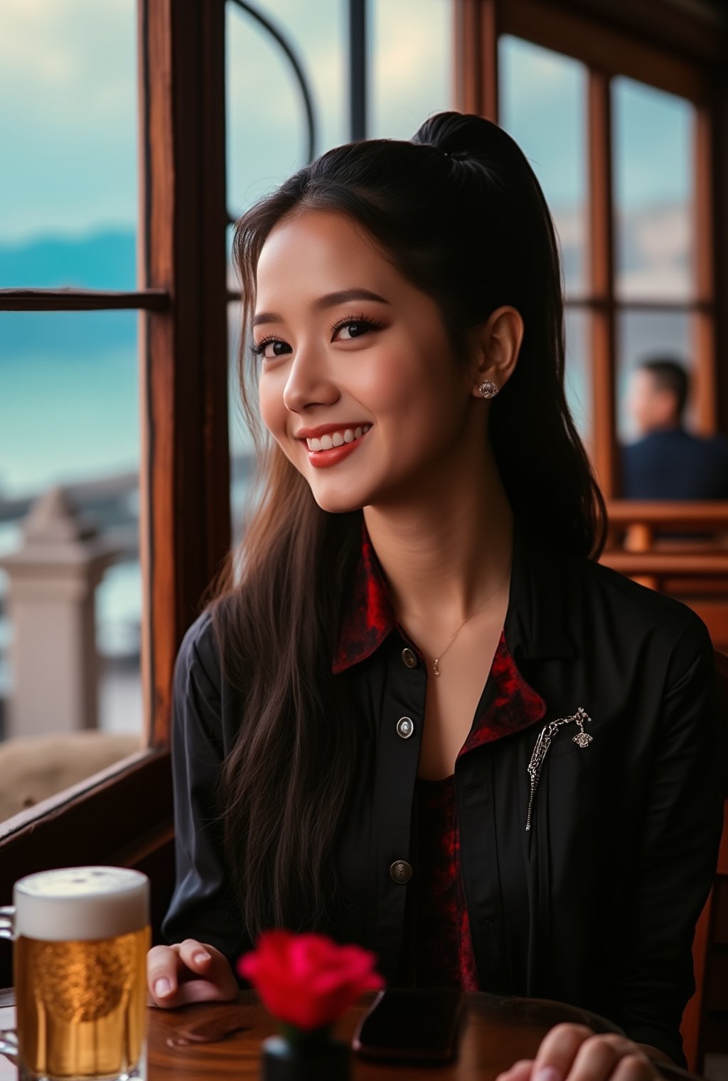 a beautiful woman in a cafe,25yo,exquisite face,soft shiny skin,smile,elegant jacket and shirt,[black and red colors],high ponytail,backdrop of oceanview cafe,window,table,beer mug,bottle,flower,masterpiece,best quality,realistic,detailed,sharp focus,high contrast,rule of thirds,chiaroscuro lighting,ek_art_b00ster,ek_an1_b00ster,jisosmile