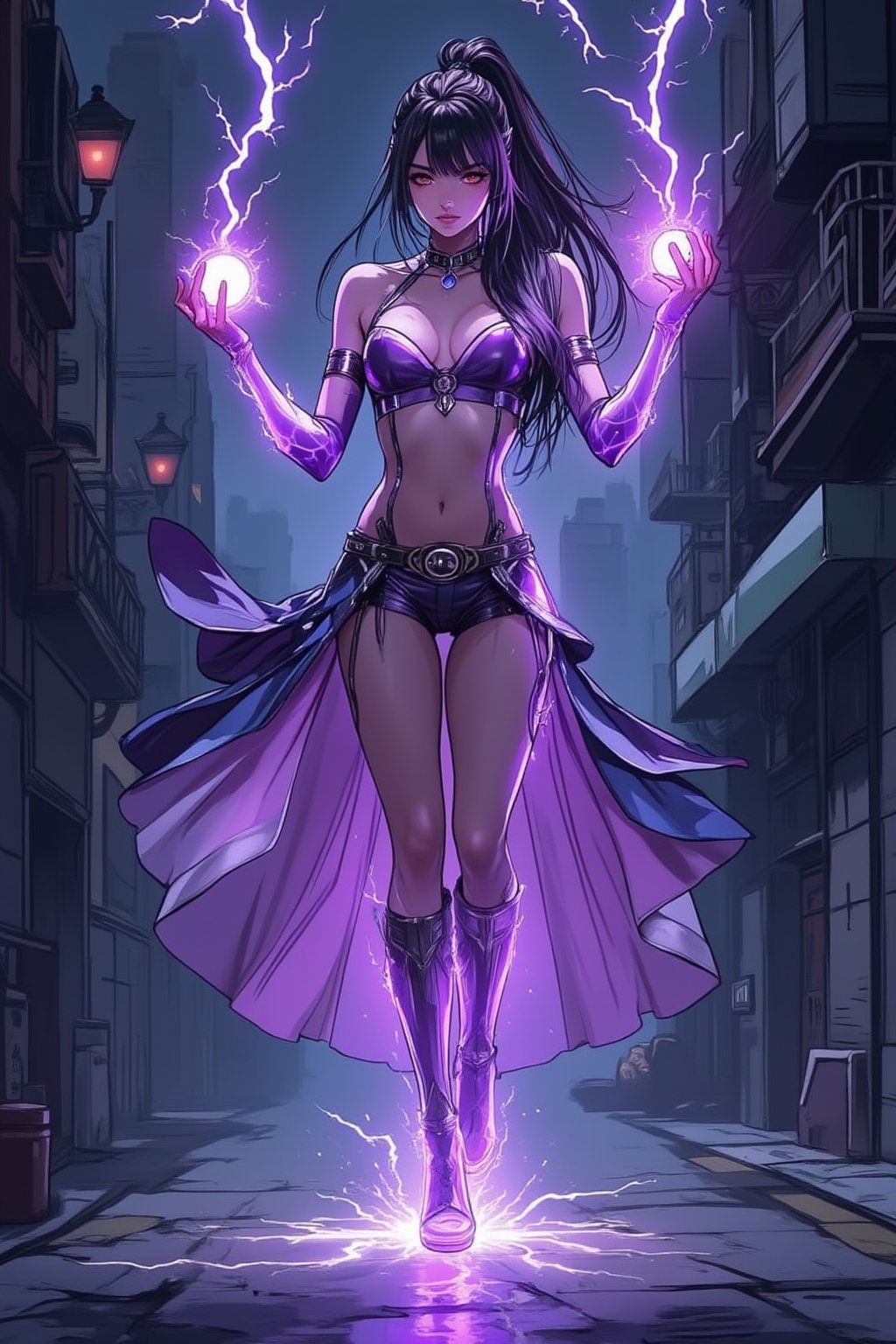 a beautiful girl standing. She uses the magic ring and turns into a beautiful lightning magic \(ek_ge1tng\) warrior \(detailed exquisite face\),ek_game_3ffect,dynamic sexy pose,lightning elemental effects,lightning weapon,dark city street,back and violet clothes,ek_art_b00ster,ink style