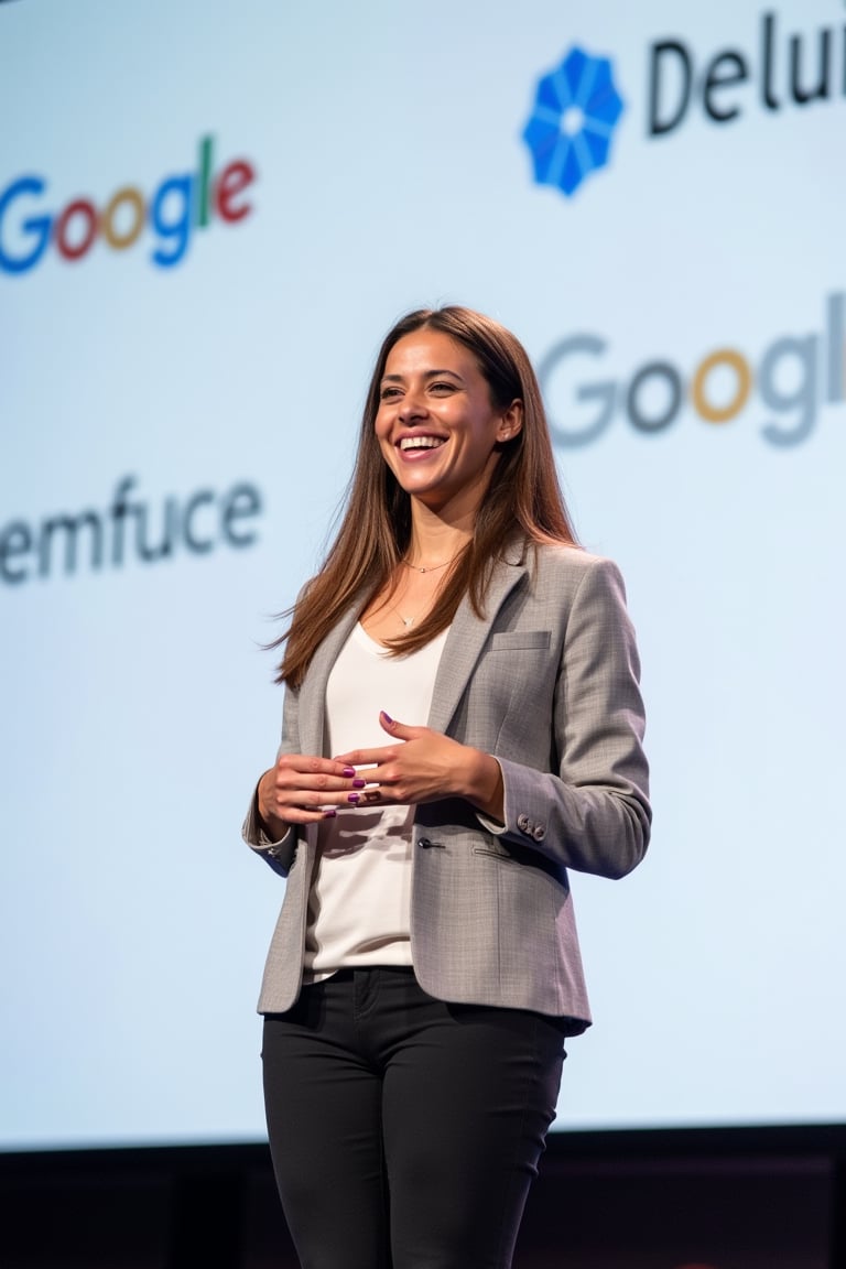 a young woman smiling while speaking onstage from google, white background with corporate logos blurred out, tech conference,raw_photo