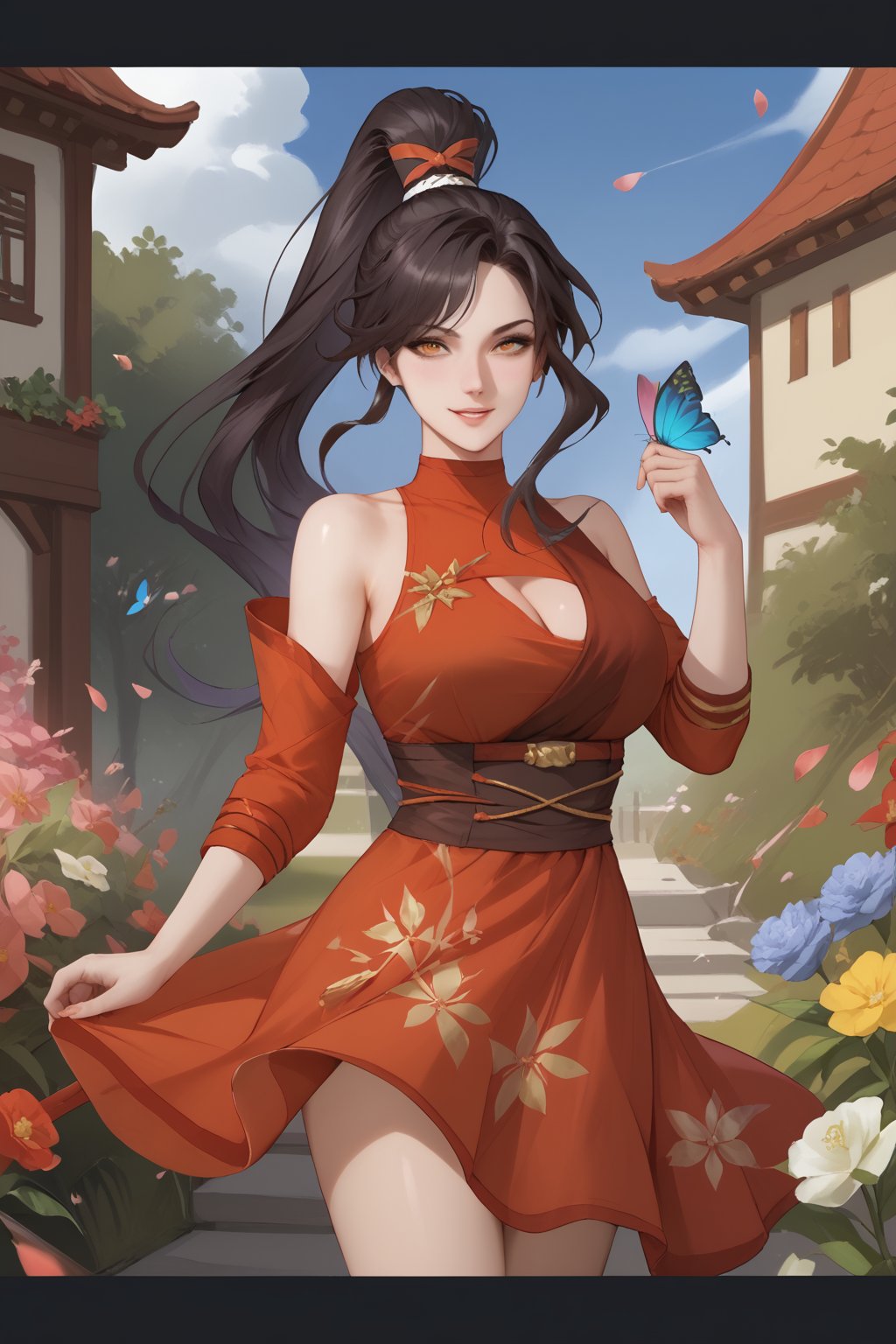 ran hong xia, black hair, long hair, high ponytail, red hair ribbon, orange eyes, cleavage, red summer dress,

(nsfw), (uncensored), (score_9), score_8_up, score_7_up, source_anime, cowboy shot, dynamic pose, Happy, Smile, Parted Lips, blush, ashamed, shy, sexy, charming, alluring, seductive, enchanting, erotic,

((outdoors)), ((flower garden)), ((flowers)), ((many flowers)), spring petals, petals of flowers, spring, falling petals, flying butterflies,