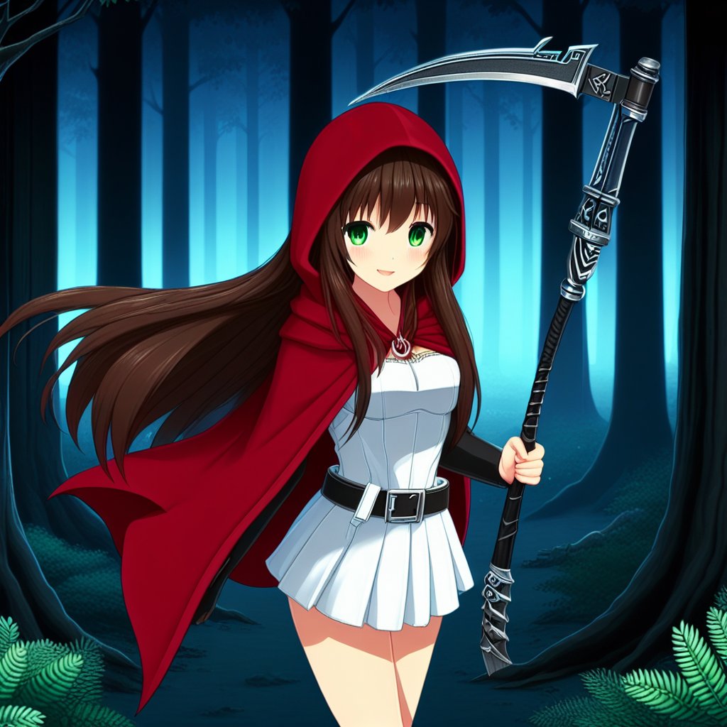 1girl, solo, long hair, brown hair, green eyes, red hooded cape, white dress, outdoors, forest, dark, holding a scythe