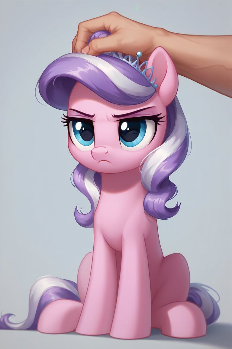 score_9, score_8_up, score_7_up, source_pony, rating_safe, hi res, high quality, by pestil, pestil, flat colors, simple background, solo, diamond_tiara_(mlp), sitting, cute, adorable, pout, frown, (human hand, headpat)