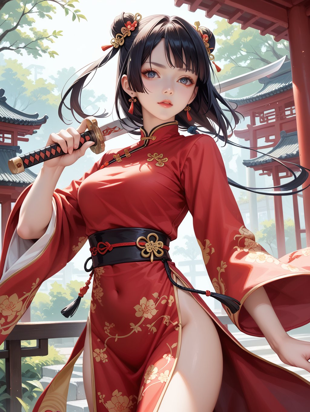 score_9, score_8_up, score_7_up,china style,1girl, hanfu dress, holding sword, 