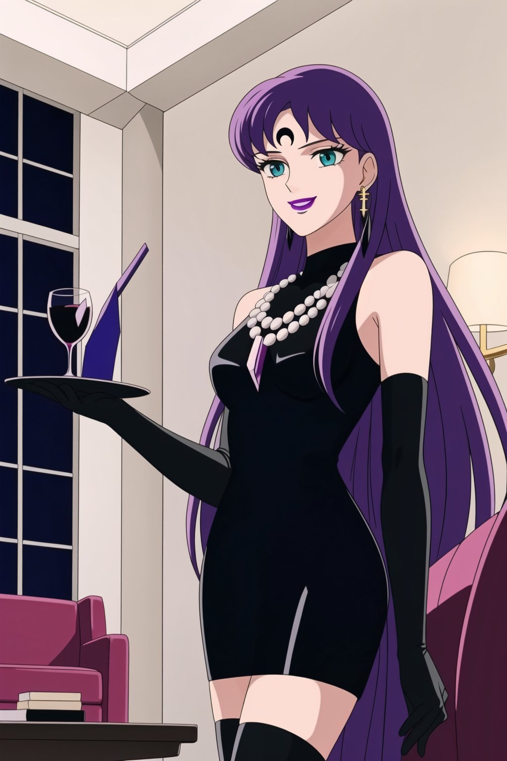 (best quality), (highly detailed), masterpiece, (official art),Saori Kido, long purple hair. blue eyes, bangs, lips, smile, lipstick, makeup,evil smile:1.2, holding tray, tray, alcohol, 
((Forehead mark, crescent facial mark, black crystal earrings, jewelry)).  Dark  dress, black latex, black sleeveless dress, turtleneck_dress, short dress, elbow gloves, green gloves, thighhighs, large necklace, ((gemstone necklace:1.2)), standing,
Modern luxury lounge with dim lighting, featuring sleek black leather sofas, glass tables, and soft ambient lighting from wall sconces. A large window in the background reveals a city skyline at night, adding a touch of sophistication to the scene