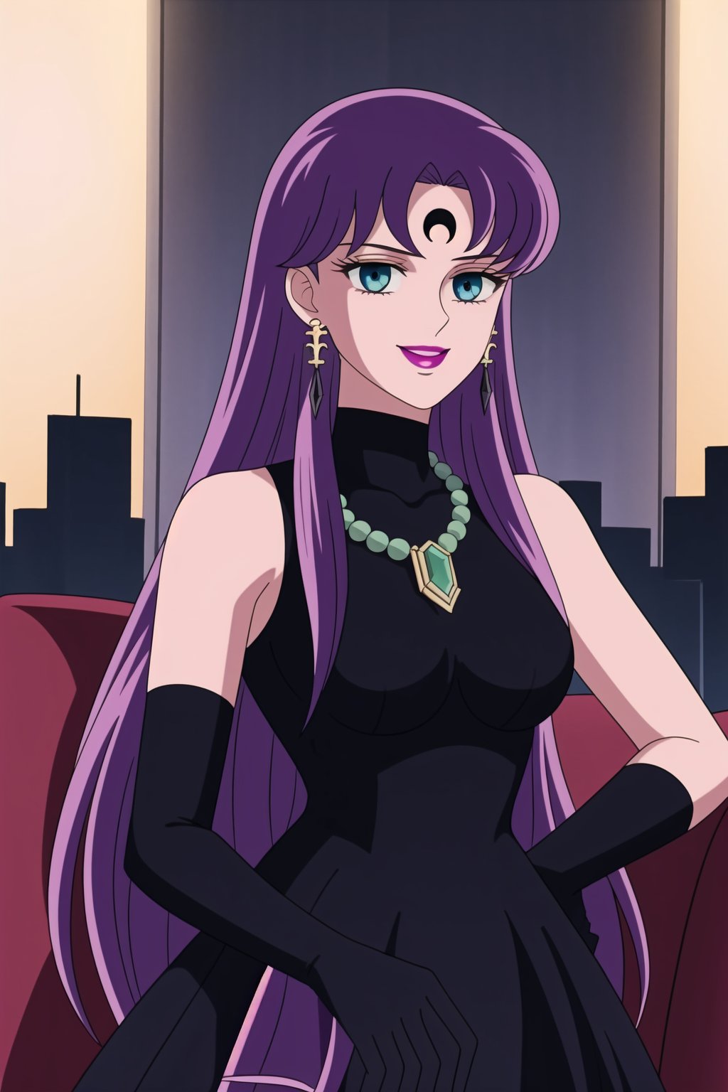 (best quality), (highly detailed), masterpiece, (official art),Saori Kido, long purple hair. blue eyes, bangs, lips, smile, lipstick, makeup,evil smile:1.2, 
((Forehead mark, crescent facial mark, black crystal earrings, jewelry)).  Dark  dress, black latex, black sleeveless dress, turtleneck_dress, short dress, elbow gloves, green gloves, thighhighs, large necklace, ((gemstone necklace:1.2)), standing,
Modern luxury lounge with dim lighting, featuring sleek black leather sofas, glass tables, and soft ambient lighting from wall sconces. A large window in the background reveals a city skyline at night, adding a touch of sophistication to the scene