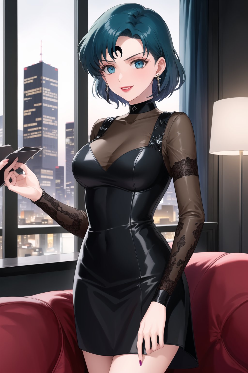 (best quality), (highly detailed), masterpiece, (official art), mer1, short hair, blue hair, lips, smile, lipstick, makeup, evil smile,
((Forehead mark, crescent facial mark, black crystal earrings, jewelry)), black dress, see_through, long_sleeves, cowboy_shot , standing, choker,
Modern luxury lounge with dim lighting, featuring sleek black leather sofas, glass tables, and soft ambient lighting from wall sconces. A large window in the background reveals a city skyline at night, adding a touch of sophistication to the scene