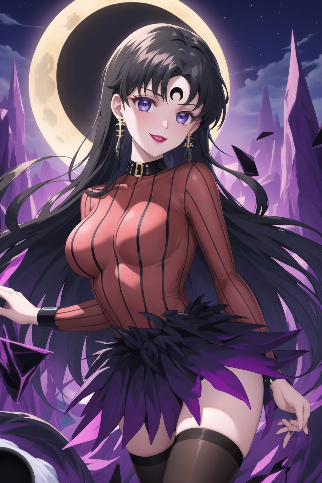 (best quality), (highly detailed), masterpiece, (official art),sama1, long hair, black hair, bangs , makeup, ((black moon, forehead mark, crescent facial mark, black crystal earrings)), jewelry, evil smile, lips, lipstick, posing, anime coloring, bodysuit, koan:1.2, sweater, striped, purple collar:1.2, long sleeves, layered skirt:1.2, stockings:1.3, forehead jewel