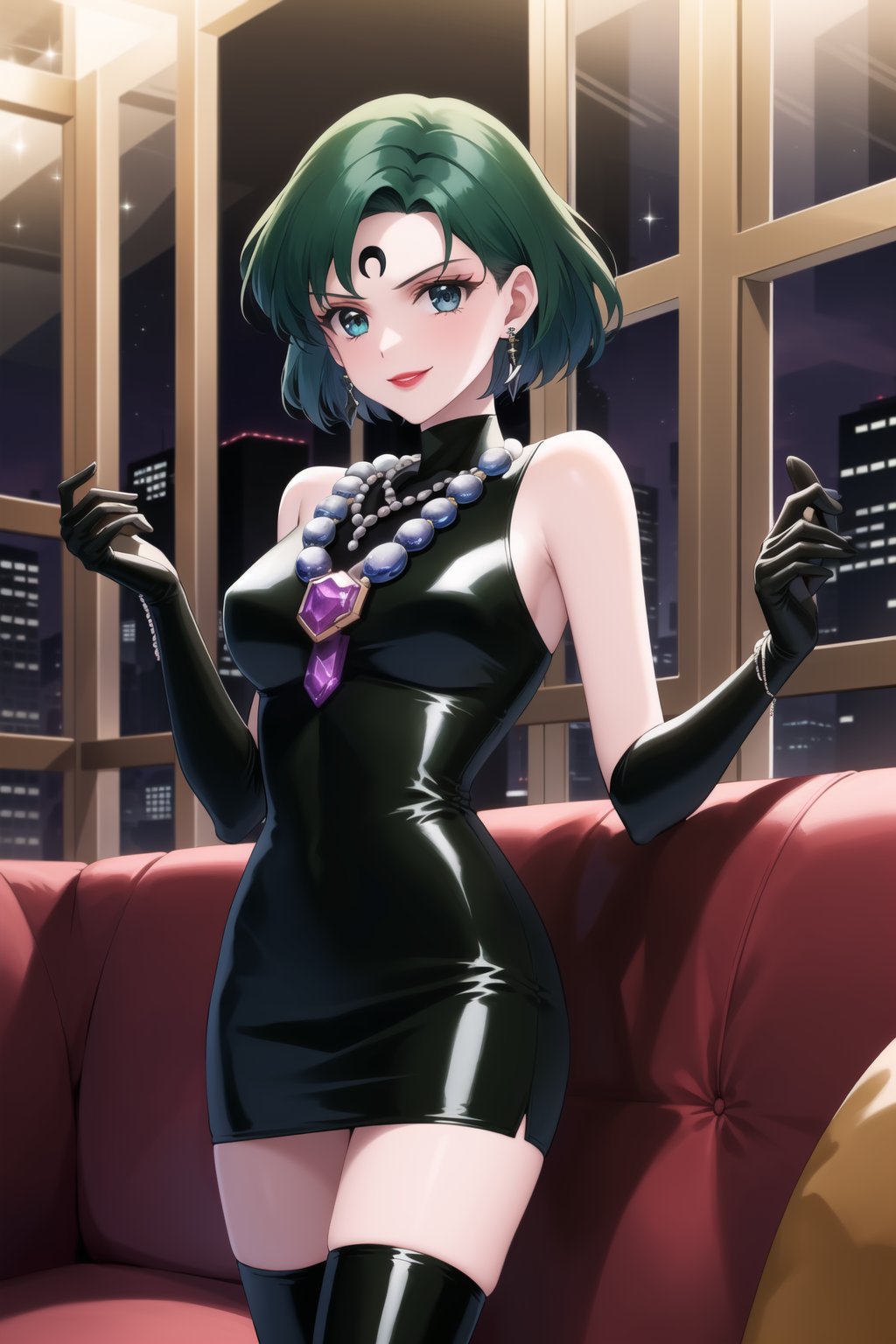 (best quality), (highly detailed), masterpiece, (official art), mer1, short hair, blue hair, lips, smile, lipstick, makeup, evil smile,
((Forehead mark, crescent facial mark, black crystal earrings, jewelry)).  Dark  dress, black latex, black sleeveless dress, turtleneck_dress, short dress, elbow gloves, green gloves, thighhighs, large necklace, ((gemstone necklace:1.2)), standing,
Modern luxury lounge with dim lighting, featuring sleek black leather sofas, glass tables, and soft ambient lighting from wall sconces. A large window in the background reveals a city skyline at night, adding a touch of sophistication to the scene