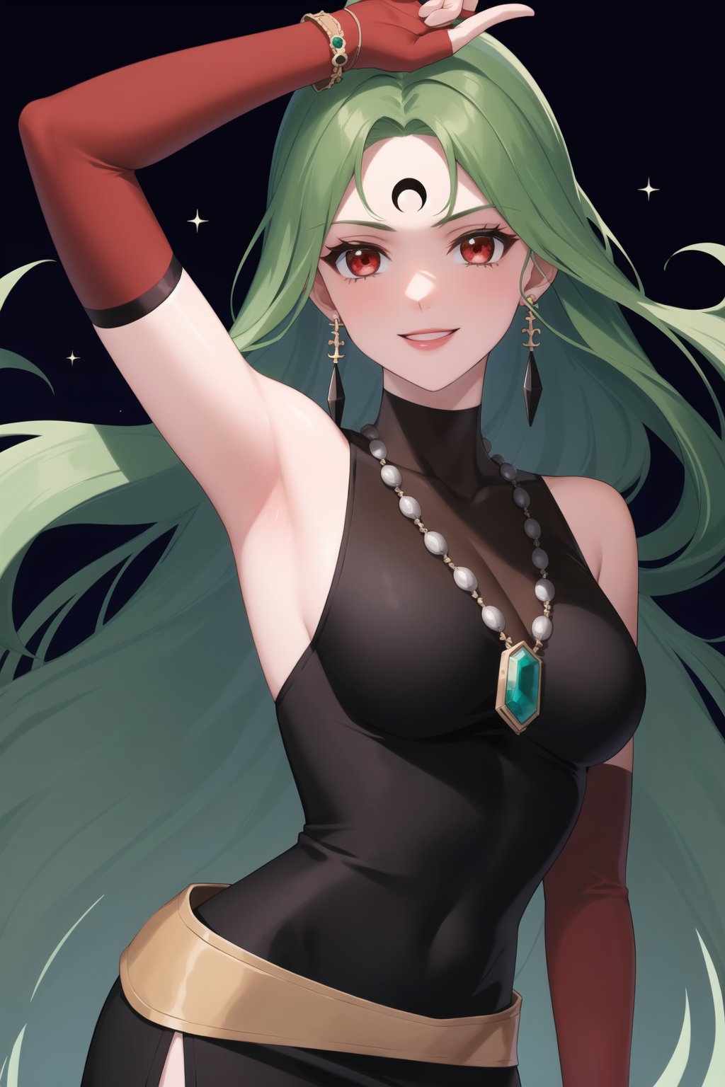 (best quality), (highly detailed), masterpiece, (official art),esmeraude, long hair, looking at viewer, smile, red eyes, gloves, jewelry, very long hair, upper body, green hair, sleeveless, necklace, arm up, facial mark, black background, gem,turtleneck, forehead mark, crescent facial mark, crystal earrings, dark green sleeveless dress, short dress, gemstone necklace, elbow gloves