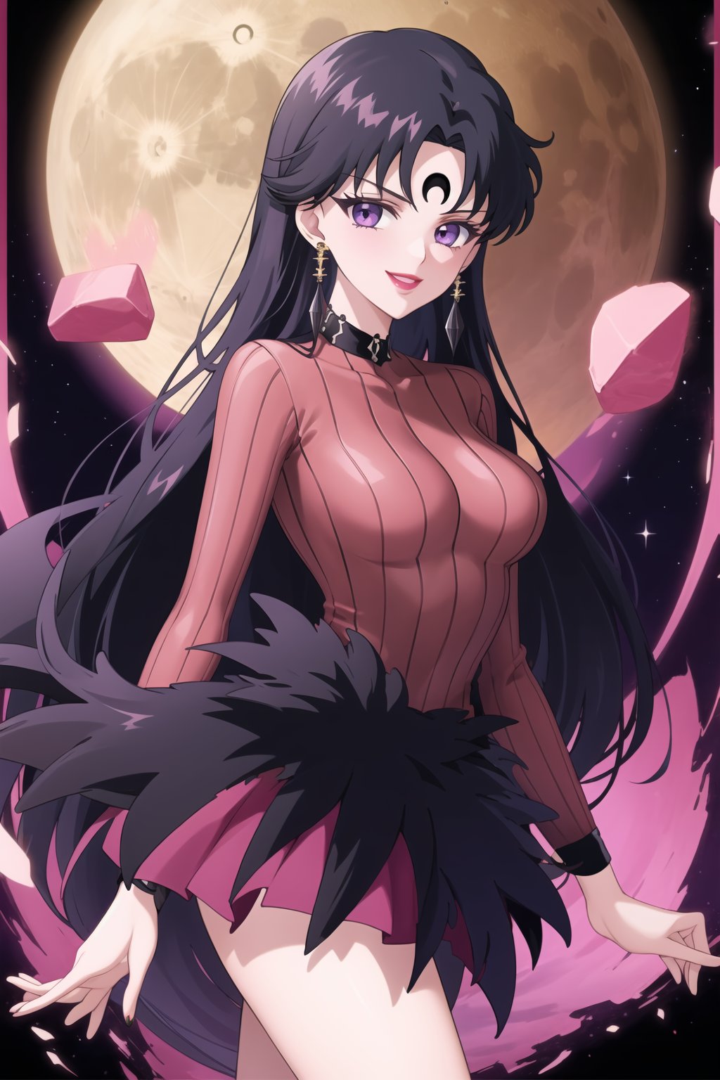 (best quality), (highly detailed), masterpiece, (official art),sama1, long hair, black hair, bangs , makeup, ((black moon, forehead mark, crescent facial mark, black crystal earrings)), jewelry, evil smile, lips, lipstick, posing, anime coloring, bodysuit, koan:1.2, sweater, striped, purple collar:1.2, long sleeves, layered skirt:1.2, stockings:1.3, forehead jewel