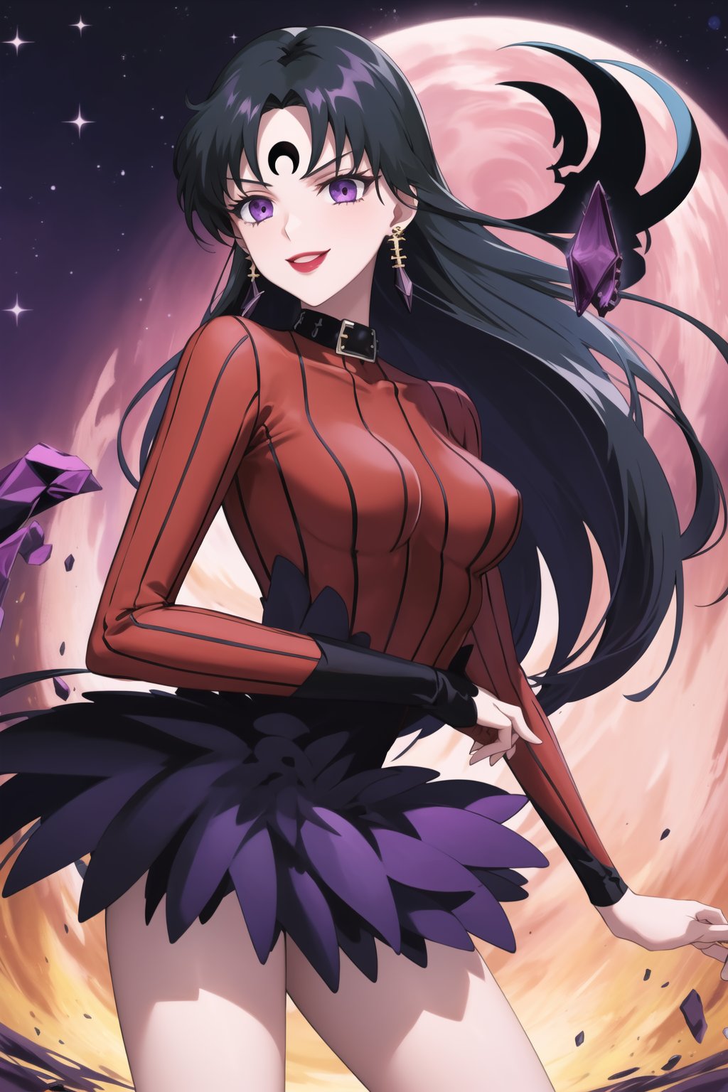 (best quality), (highly detailed), masterpiece, (official art),sama1, long hair, black hair, bangs , makeup, ((black moon, forehead mark, crescent facial mark, black crystal earrings)), jewelry, evil smile, lips, lipstick, posing, anime coloring, bodysuit, koan:1.2, sweater, striped, purple collar:1.2, long sleeves, layered skirt:1.2, stockings:1.3, forehead jewel