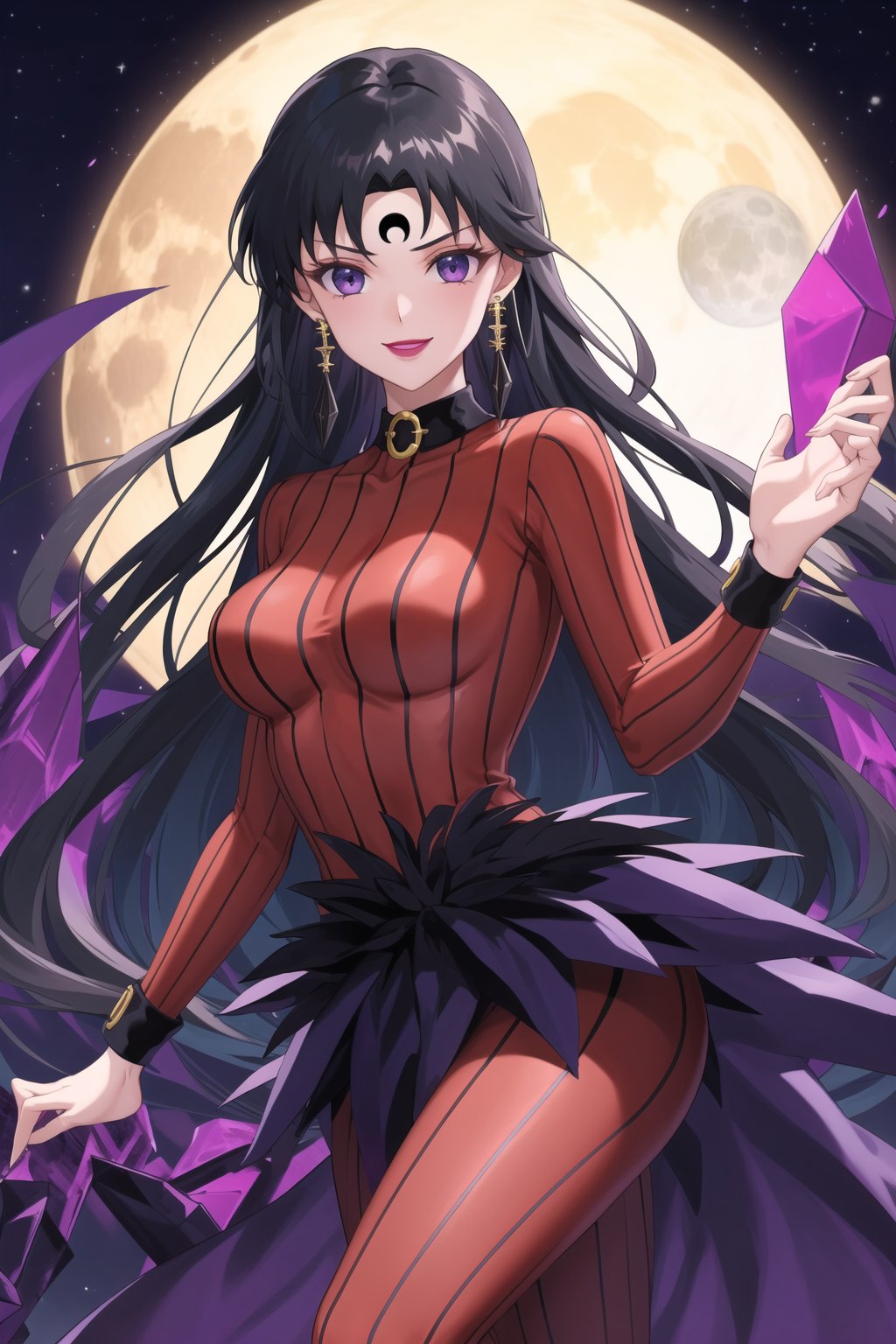 (best quality), (highly detailed), masterpiece, (official art),sama1, long hair, black hair, bangs , makeup, ((black moon, forehead mark, crescent facial mark, black crystal earrings)), jewelry, evil smile, lips, lipstick, posing, anime coloring, bodysuit, koan:1.2, sweater, striped, purple collar:1.2, long sleeves, layered skirt:1.2, stockings:1.3, forehead jewel