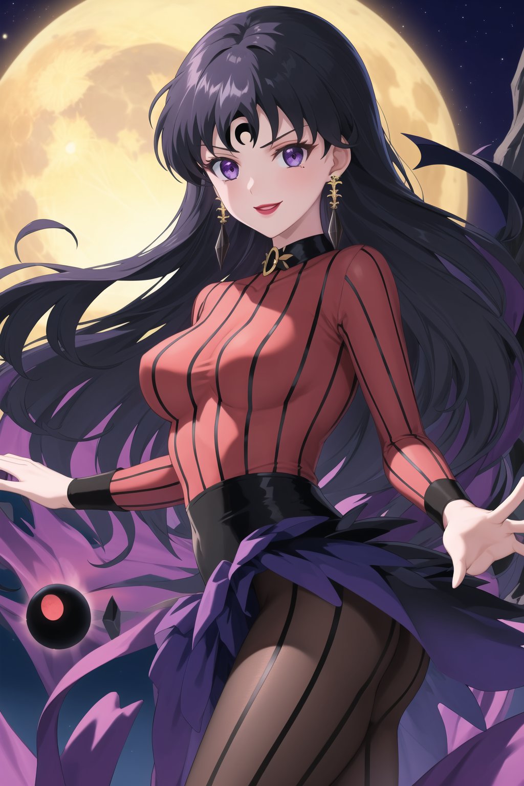 (best quality), (highly detailed), masterpiece, (official art),sama1, long hair, black hair, bangs , makeup, ((black moon, forehead mark, crescent facial mark, black crystal earrings)), jewelry, evil smile, lips, lipstick, posing, anime coloring, bodysuit, koan:1.2, sweater, striped, purple collar:1.2, long sleeves, layered skirt:1.2, stockings:1.3, forehead jewel