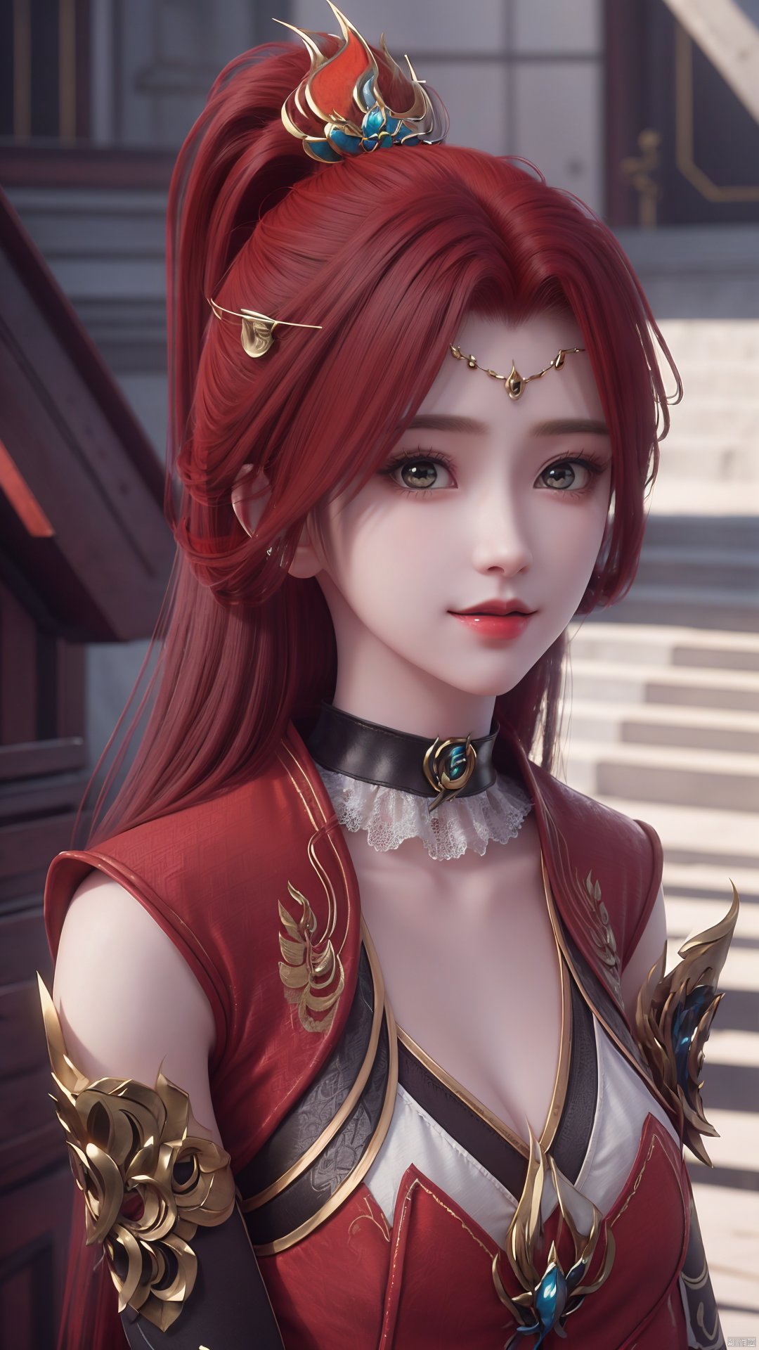 1girl, red dress, red hair, hair ornament, solo, ponytail, mischevious smile, perfect body, scenery, sharp focus, best quality, masterpiece, detailed outfit, illustration, perfect eyes, finely detailed beautiful anime eyes, realistic skin, intricate details, best lighting, depth of field, ultra high resolution,cowboy_shot, dynamic pose, dynamic angle,