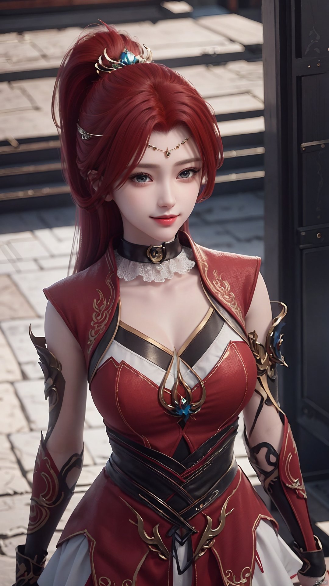 1girl, red dress, red hair, hair ornament, solo, ponytail, mischevious smile, perfect body, scenery, sharp focus, best quality, masterpiece, detailed outfit, illustration, perfect eyes, finely detailed beautiful anime eyes, realistic skin, intricate details, best lighting, depth of field, ultra high resolution,cowboy_shot, dynamic pose, dynamic angle,