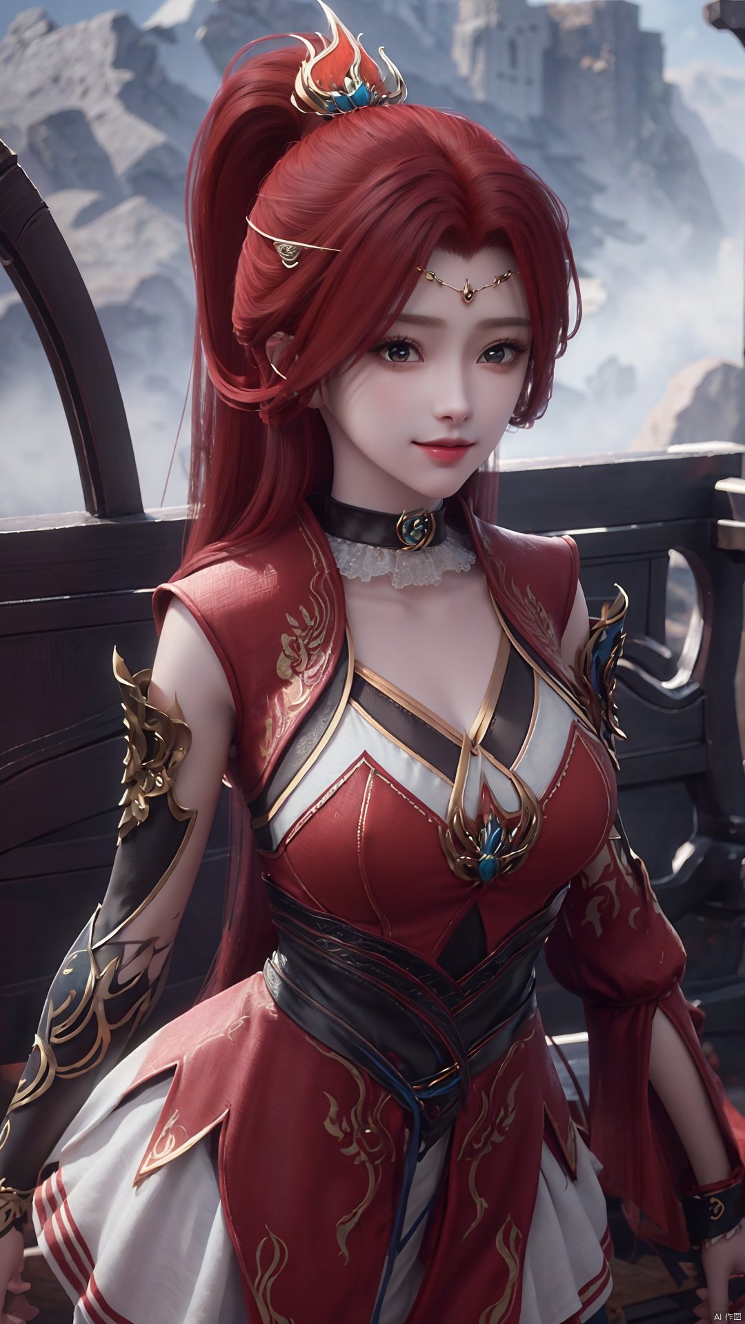 1girl, red dress, red hair, hair ornament, solo, ponytail, mischevious smile, perfect body, scenery, sharp focus, best quality, masterpiece, detailed outfit, illustration, perfect eyes, finely detailed beautiful anime eyes, realistic skin, intricate details, best lighting, depth of field, ultra high resolution,cowboy_shot, dynamic pose, dynamic angle,