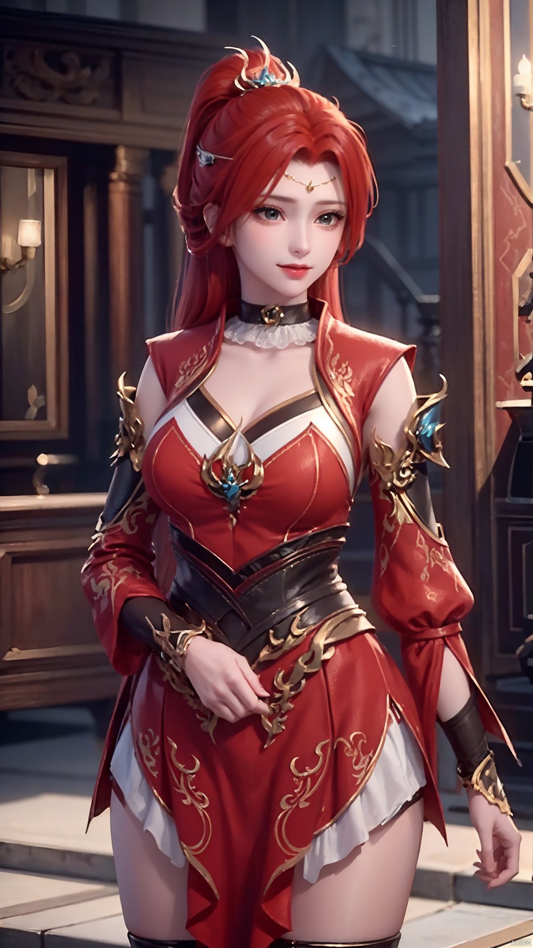 1girl, red dress, red hair, hair ornament, solo, ponytail, mischevious smile, perfect body, scenery, sharp focus, best quality, masterpiece, detailed outfit, illustration, perfect eyes, finely detailed beautiful anime eyes, realistic skin, intricate details, best lighting, depth of field, ultra high resolution,cowboy_shot, dynamic pose, dynamic angle,