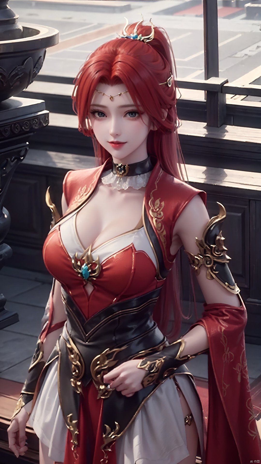 1girl, red dress, red hair, hair ornament, solo, ponytail, mischevious smile, perfect body, scenery, sharp focus, best quality, masterpiece, detailed outfit, illustration, perfect eyes, finely detailed beautiful anime eyes, realistic skin, intricate details, best lighting, depth of field, ultra high resolution,cowboy_shot, dynamic pose, dynamic angle,