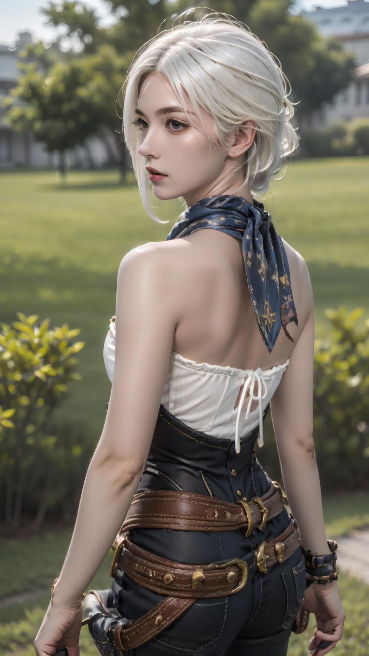 masterpiece,(bestquality),ultra-detailed,photorealistic,1girl,solo,accessories,<lora:Camael_Cowboy outfit:0.7>,<lora:ntmix1:0.6>,Camael_Cowboy outfit,strapless,outdoor,white hair,cowboy scarf,plains,from behind,looking back,