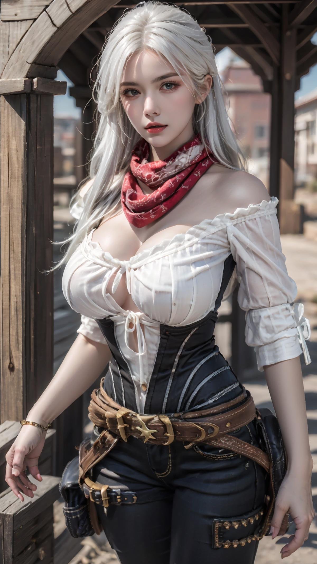 masterpiece,(bestquality),ultra-detailed,photorealistic,1girl,solo,accessories,huge breasts,<lora:Camael_Cowboy outfit:0.7>,<lora:ntmix1:0.6>,Camael_Cowboy outfit,outdoor,white hair,cowboy scarf,plains,