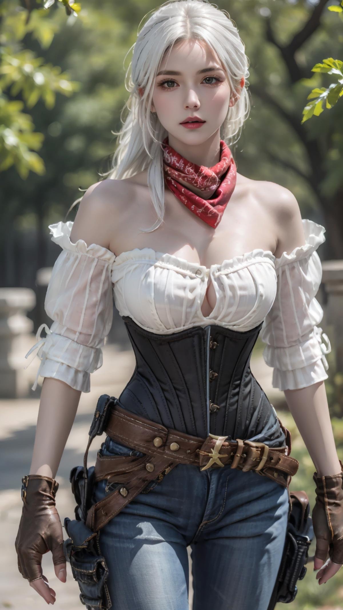 masterpiece,(bestquality),ultra-detailed,photorealistic,1girl,solo,accessories,<lora:Camael_Cowboy outfit:0.7>,<lora:ntmix1:0.6>,Camael_Cowboy outfit,strapless,outdoor,white hair,cowboy scarf,corset,gun holster,plains,jeans,gloves,