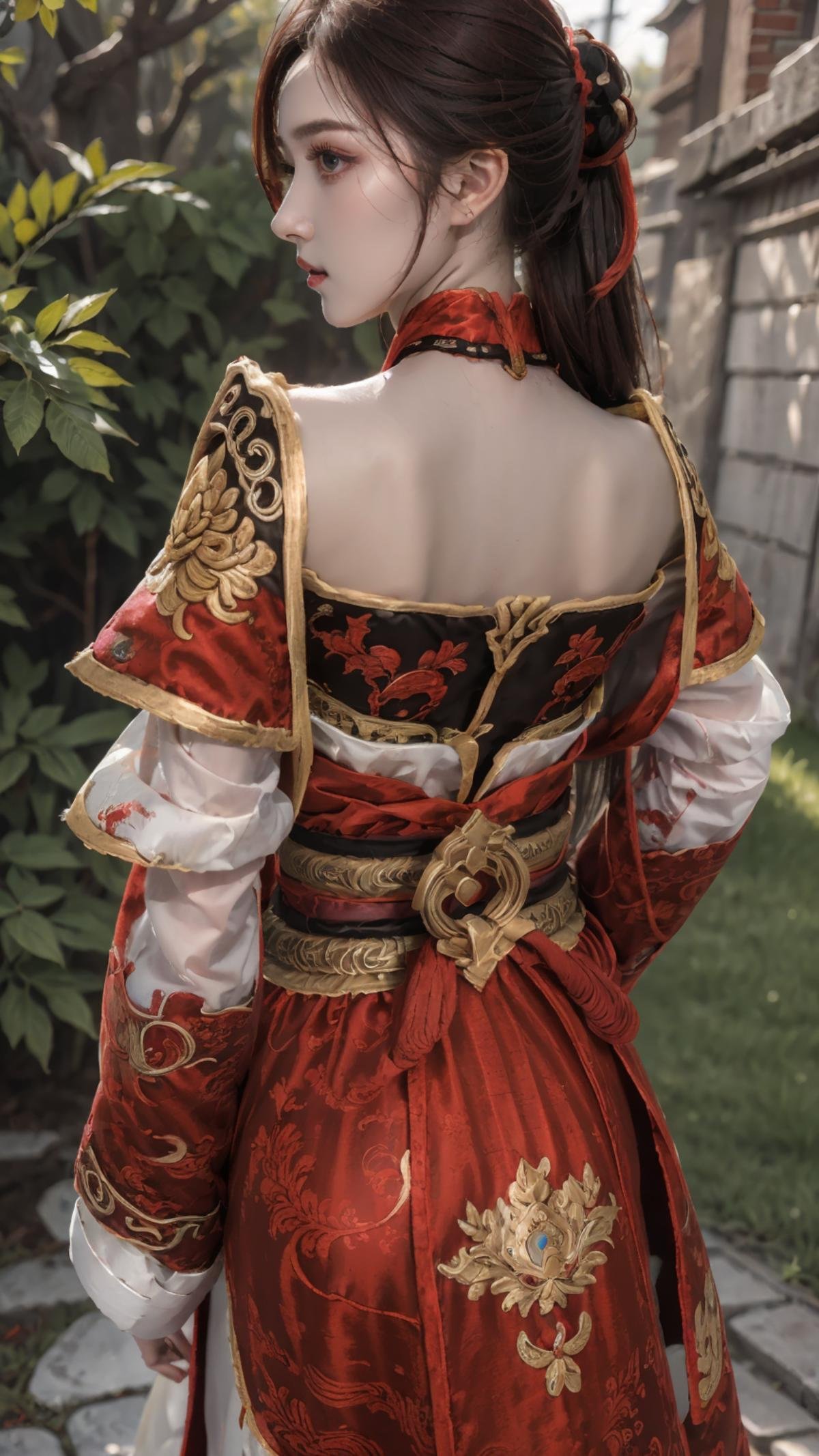 masterpiece,(bestquality),ultra-detailed,photorealistic,1girl,solo,from behind,looking back,accessories,<lora:Kamael Martial outfit:0.7>,<lora:ntmix1:0.7>,Kamael Martial outfit,outdoor,