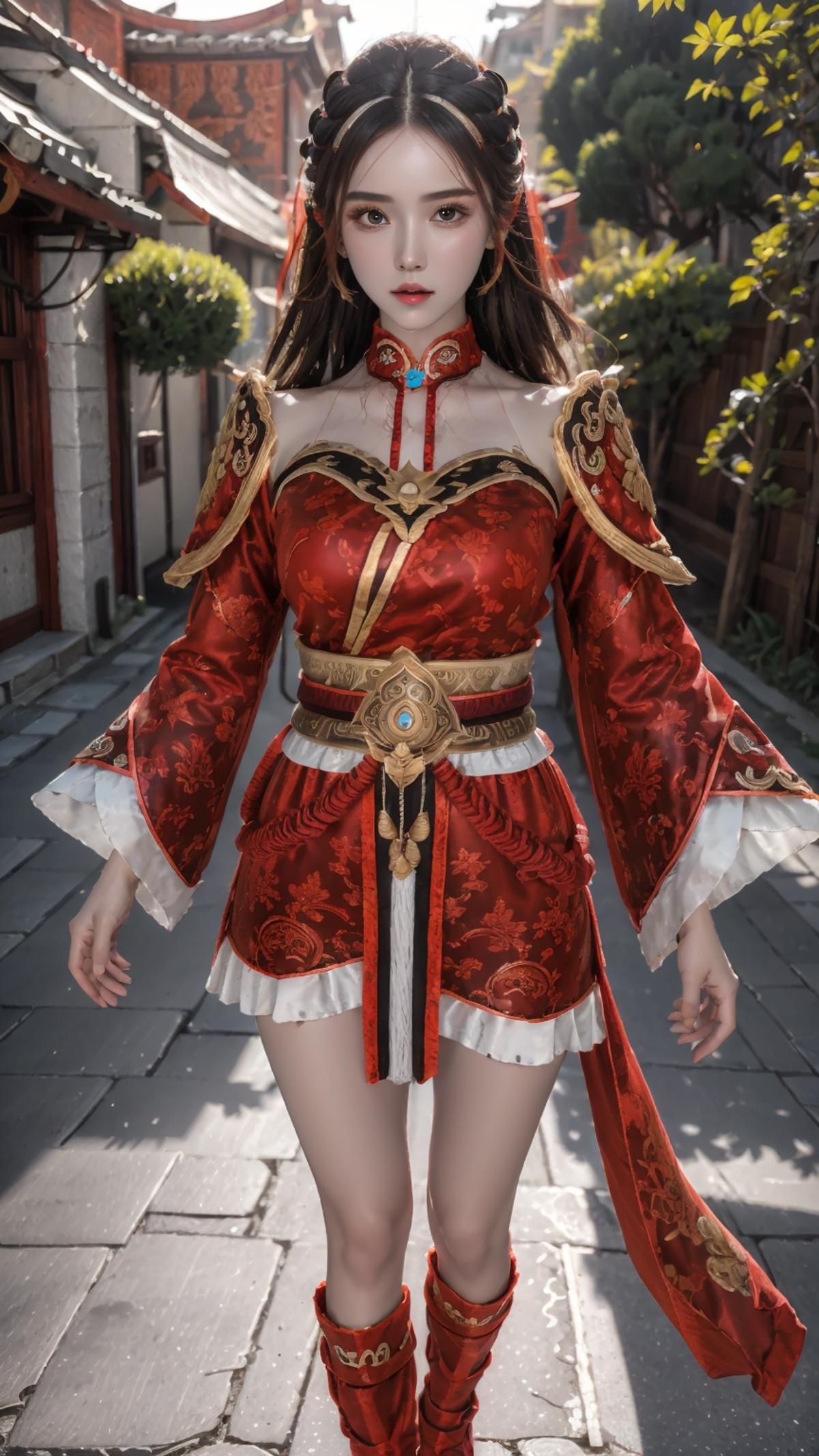 masterpiece,(bestquality),ultra-detailed,photorealistic,1girl,solo,full body,accessories,<lora:Kamael Martial outfit:0.7>,<lora:ntmix1:0.7>,Kamael Martial outfit,outdoor,