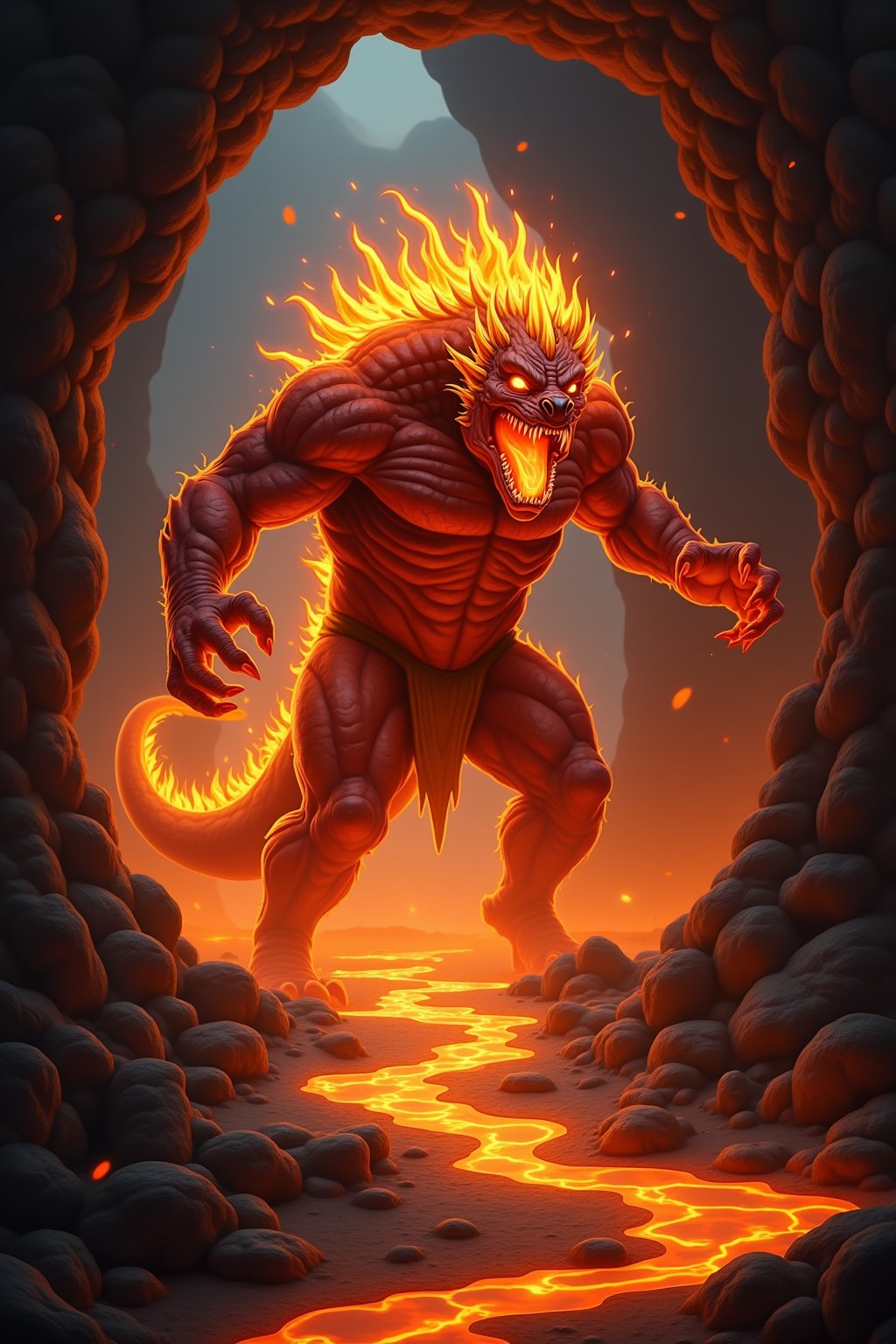 a fire monster \(ek_ge1frt\), roaring in a cave,lava flowing,ek_game_3ffect,realistic,detailed,ek_art_b00ster