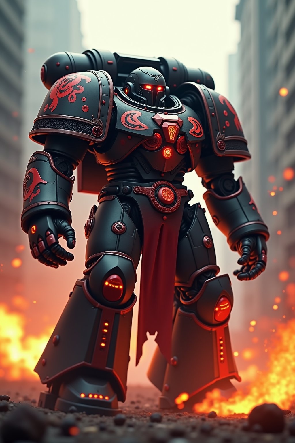 a Warhammer 40k IMPERIUM Skorpek Destroyer \(ek_ct4k\) standing in a battle field,black and red colored armor,ek_game_3ffect,blurry city background,explosion,fire,flame,dynamic angle,upper body shot,ek_art_b00ster