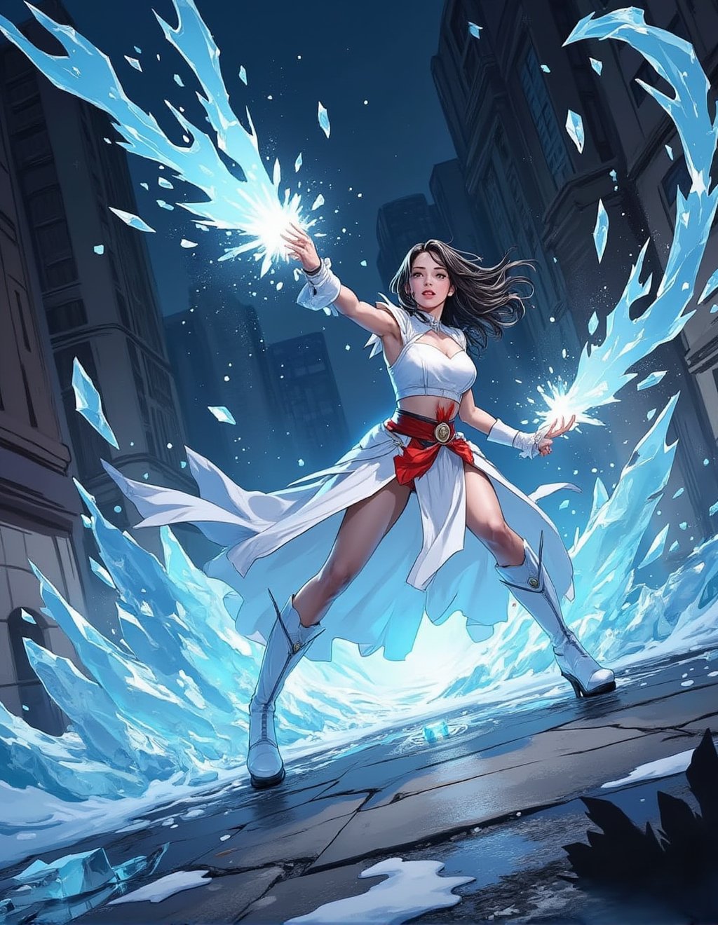 a beautiful ice sorceress \(ek_ges1ba\) attacking enemy with ice blasts,detailed exquisite face,ek_game_3ffect,dynamic pose,ice elemental effects forming sharp ice pillars towards enemy,dark city street,puddles,mint white and red clothes,ek_art_b00ster,ink style